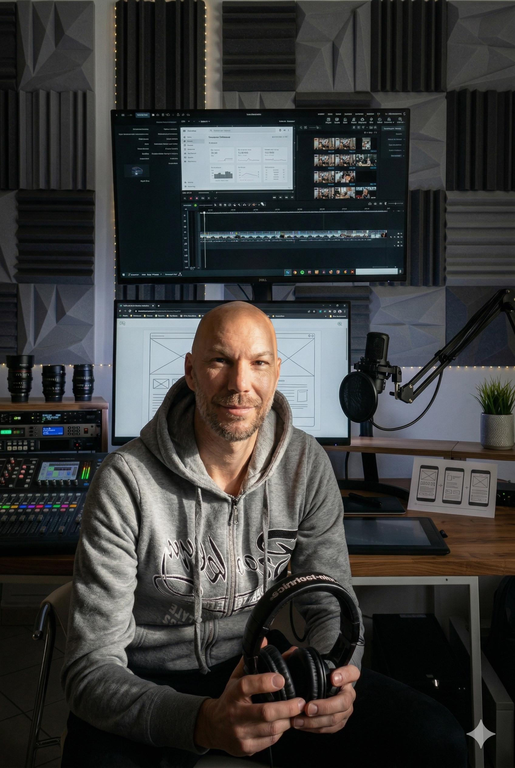 Raffaele Cascone in uno studio di registrazione, circondato da apparecchiature audio e due monitor con programmi di editing video e grafica, mentre tiene delle cuffie in mano.