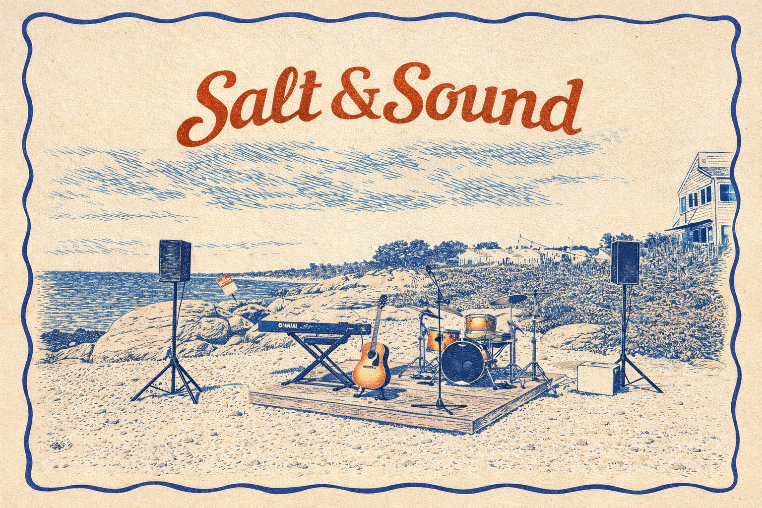 An outdoor music setup on a sandy beach featuring a keyboard, guitar, drum set, two speakers, and misc. sound equipment, with a house on stilts and trees in the background, under a cloudy sky.
