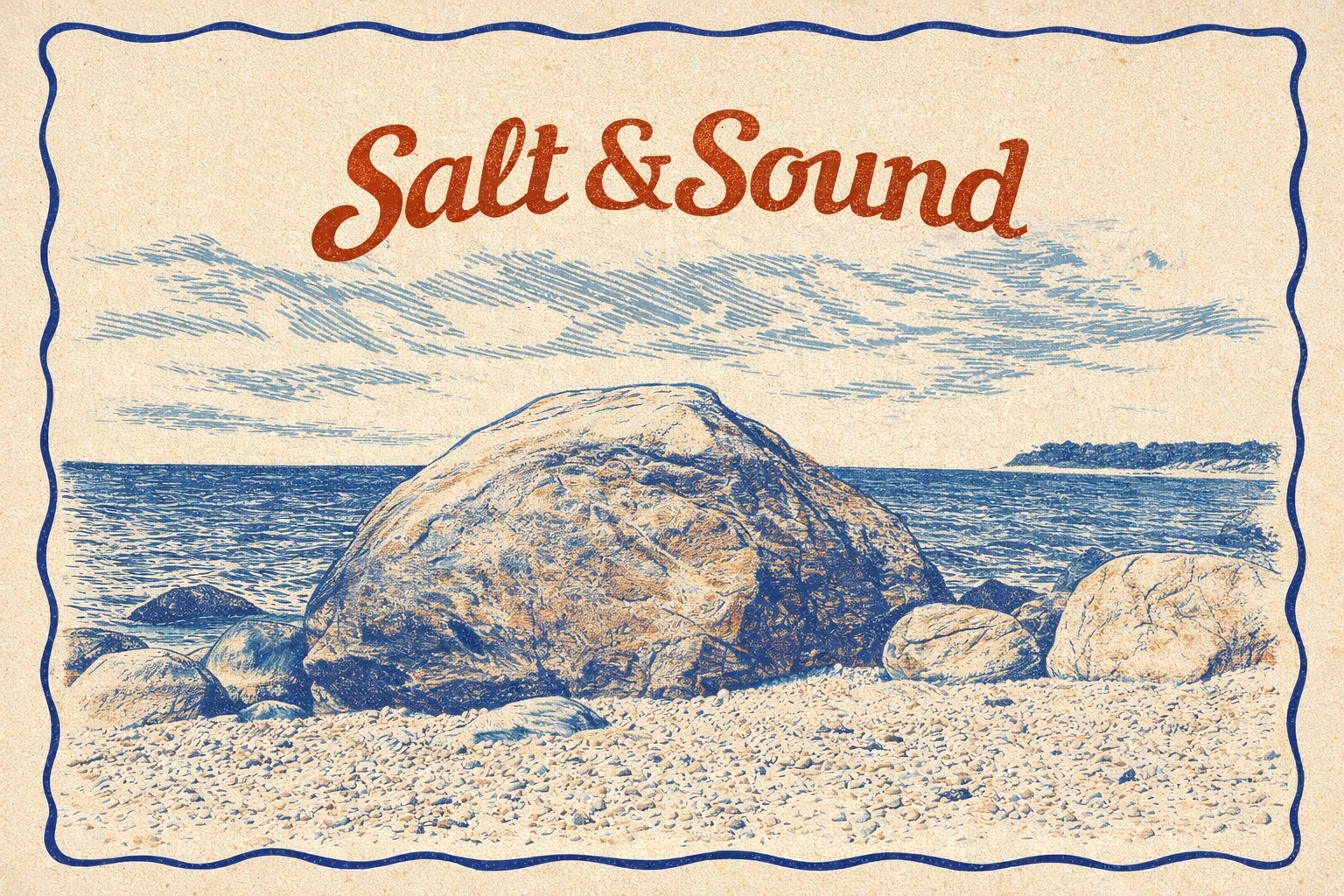 Illustration of a beach scene with rocks on the shore, ocean waves, and a distant landmass on the horizon. The text 'Salt & Sound' is displayed at the top with wavy decorative borders.