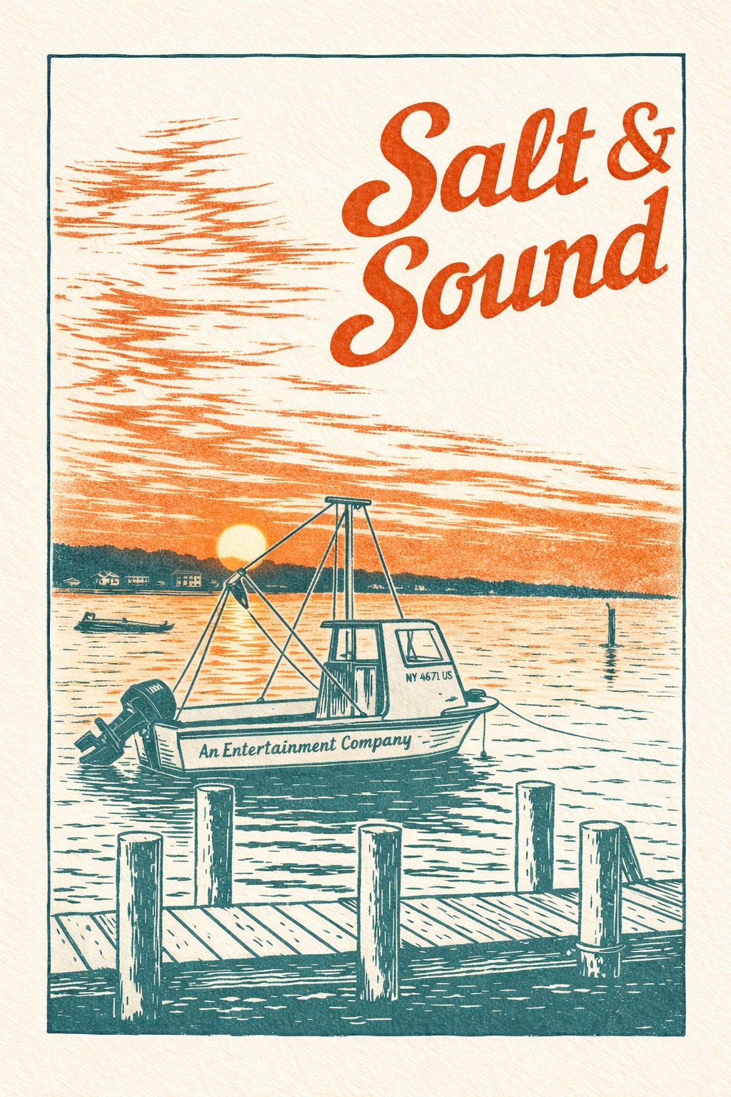 Vintage-style illustration of a boat with the words "Salt & Sound" in large orange letters, dock featuring wooden pilings, and a sunset over water with a horizon and sky filled with orange clouds.
