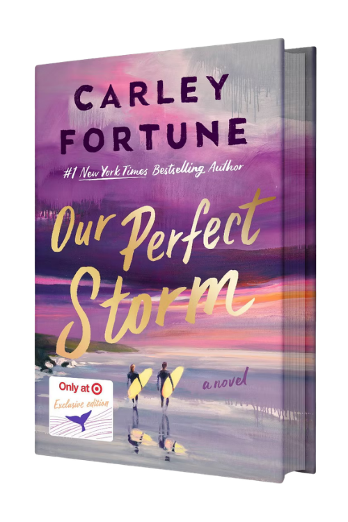 Book cover for 'Our Perfect Storm' by Carley Fortune featuring a sunset or sunrise over the water with two people carrying surfboards, and promotional detail indicating it's an exclusive Target edition.