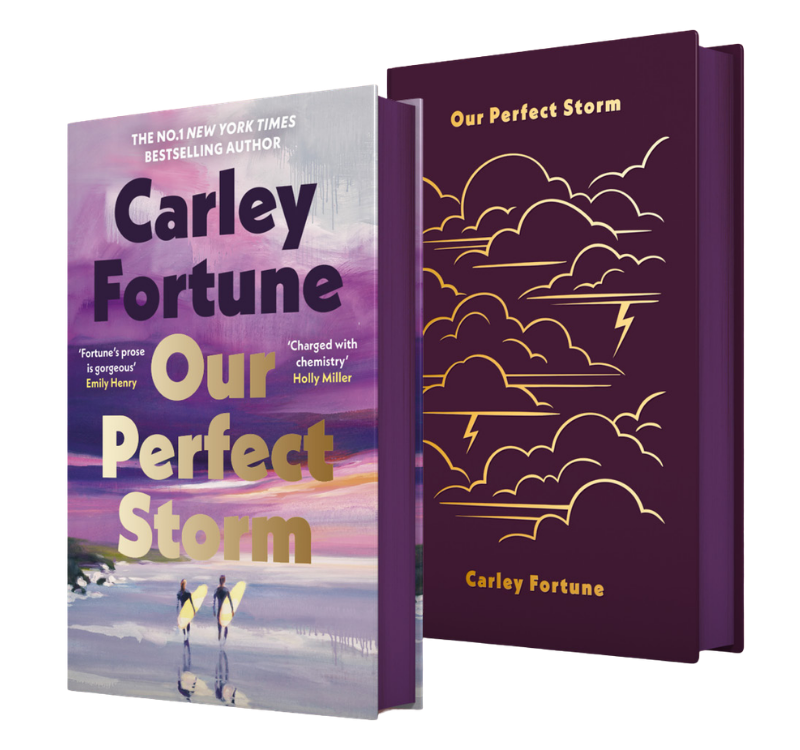 Two books titled "Our Perfect Storm" by Carley Fortune, one with a beach scene and surfers on the cover, and the other with a cloud and lightning storm illustration.