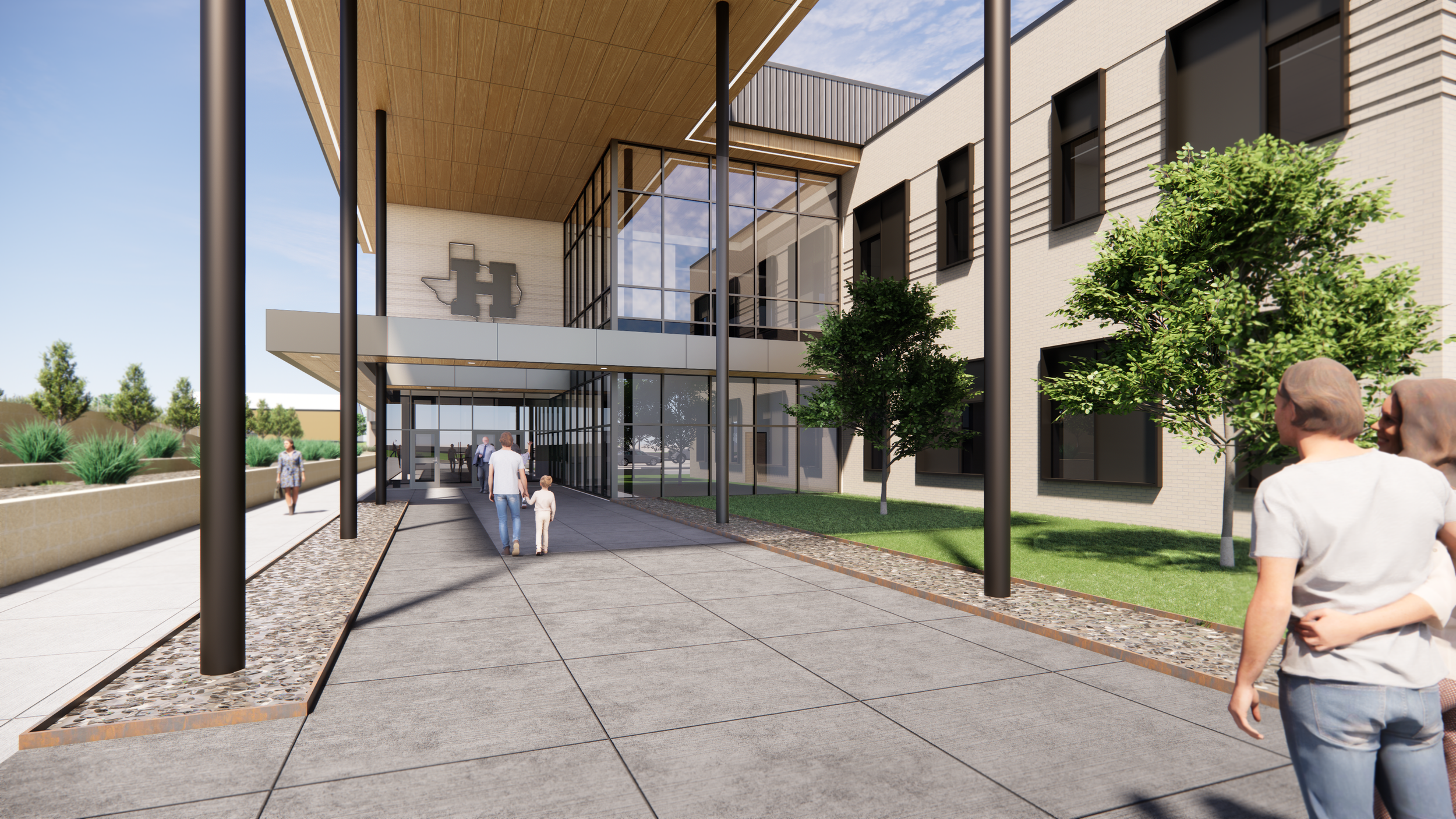 Exterior design of Henrietta High School showing expanded classrooms and science labs under program management by Friends Consulting Group.