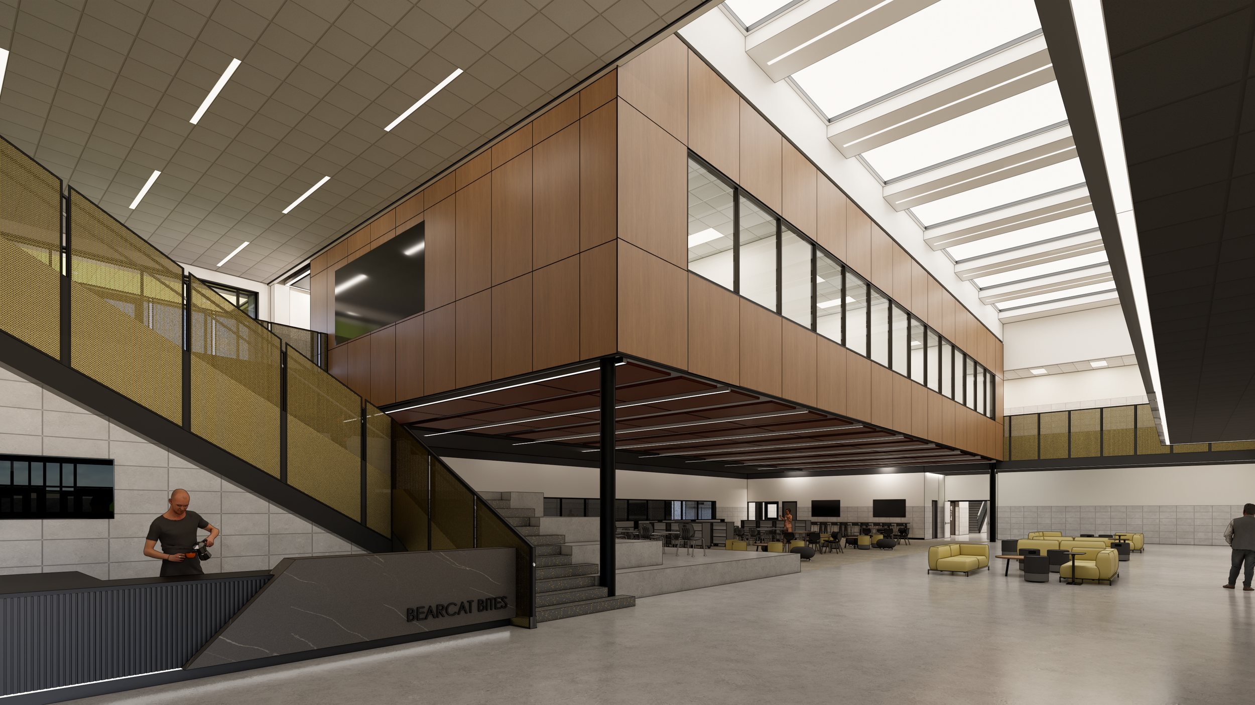Multi-function meeting space rendering for Henrietta High School managed by Friends Consulting Group construction oversight team.