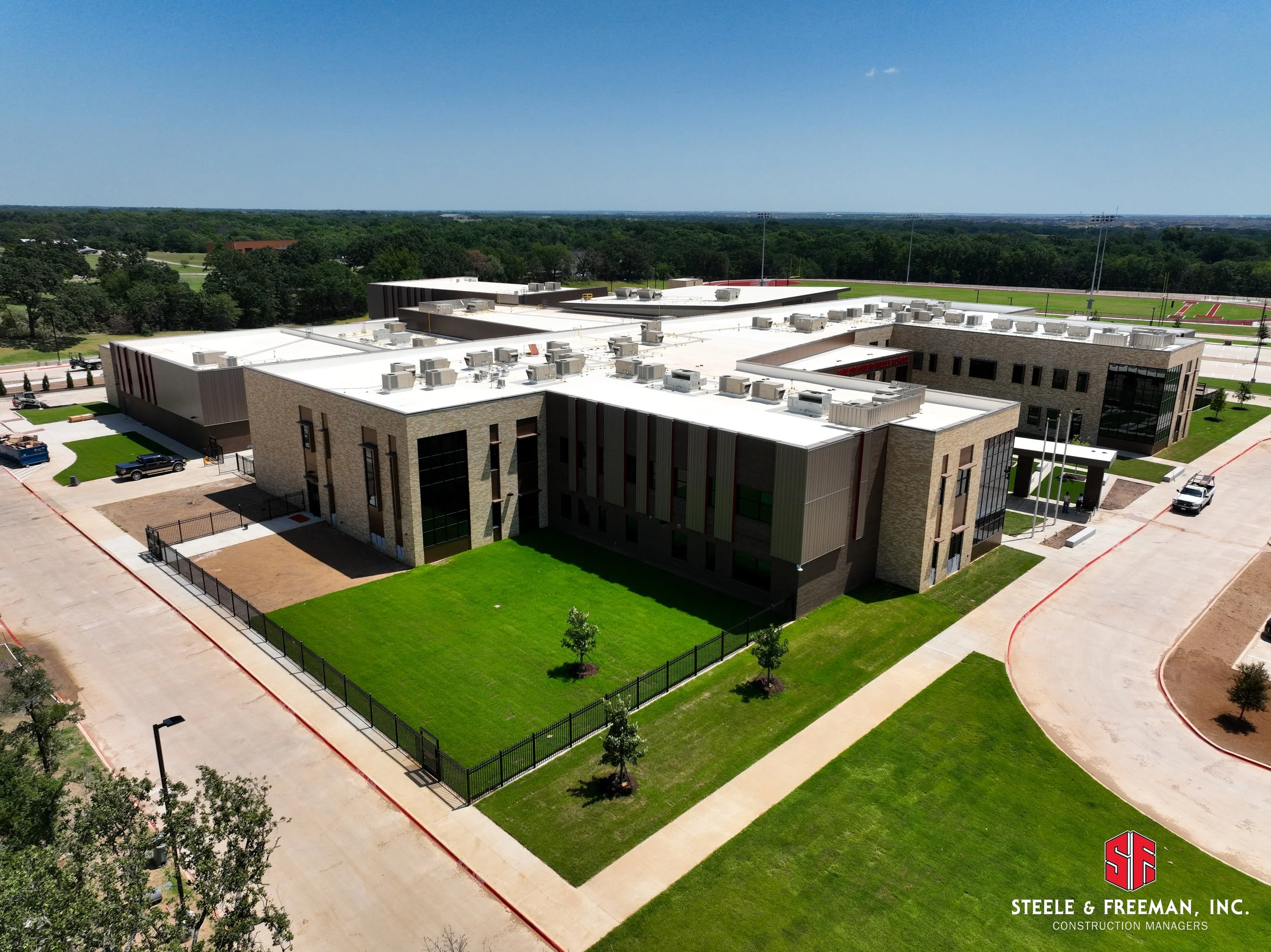 Modern middle school facility delivered on schedule in Aubrey Texas.