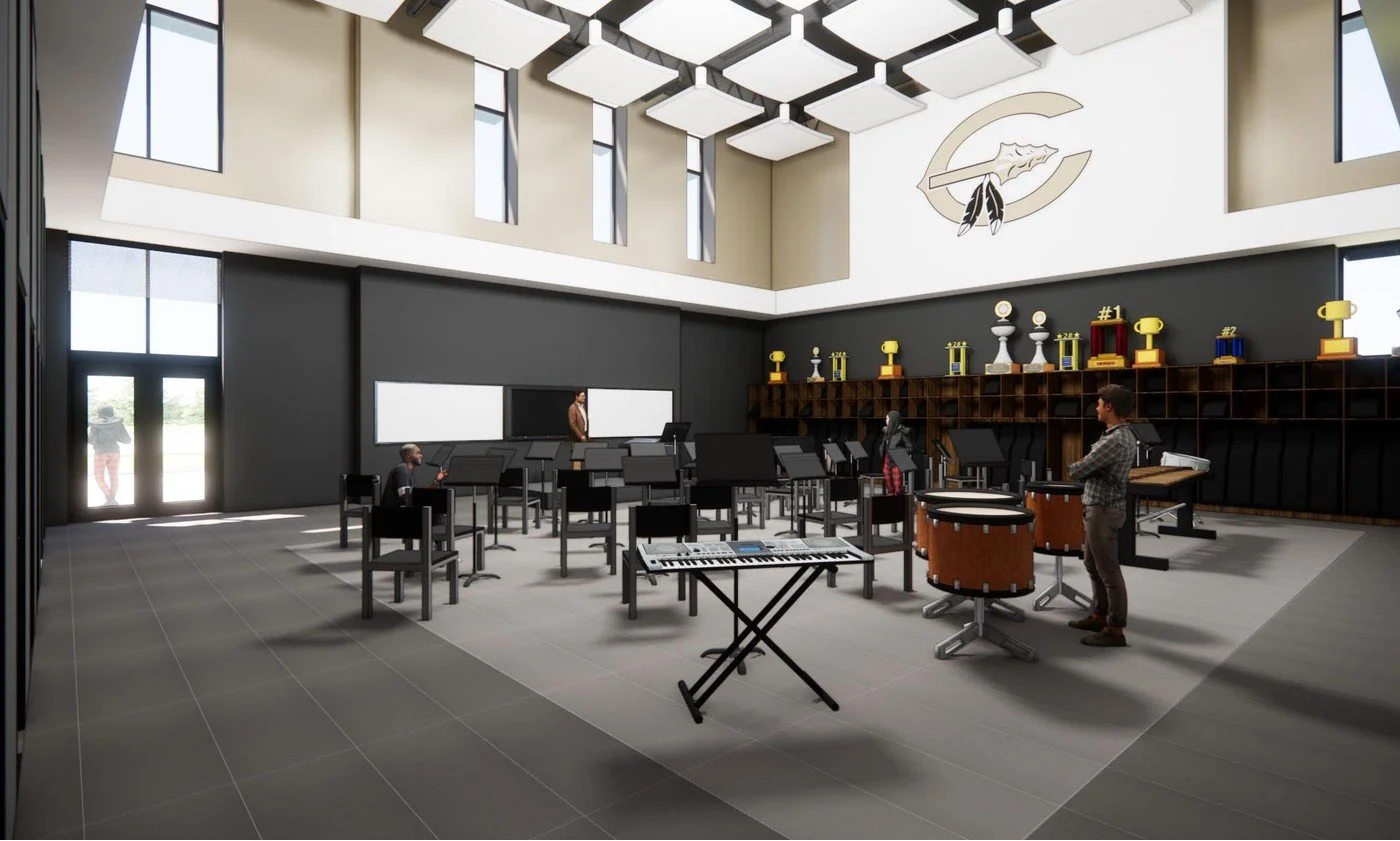 Interior classroom rendering at Comanche High School featuring larger learning spaces with updated technology infrastructure.