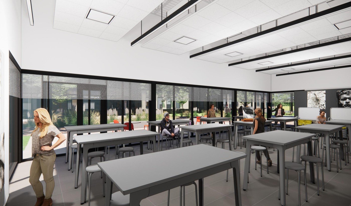 Modernized Comanche High School campus rendering demonstrating comprehensive facility upgrades and code compliance improvements.