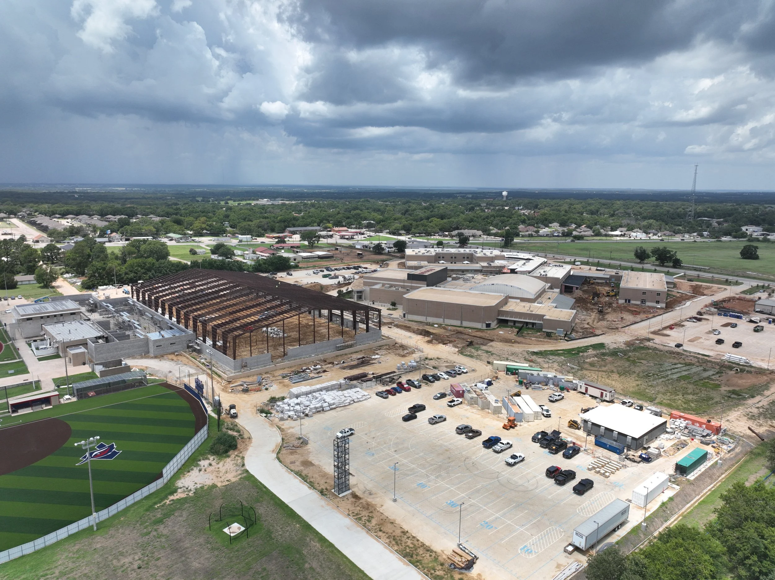 Mechanical and structural systems installation at Aubrey High School facility project.