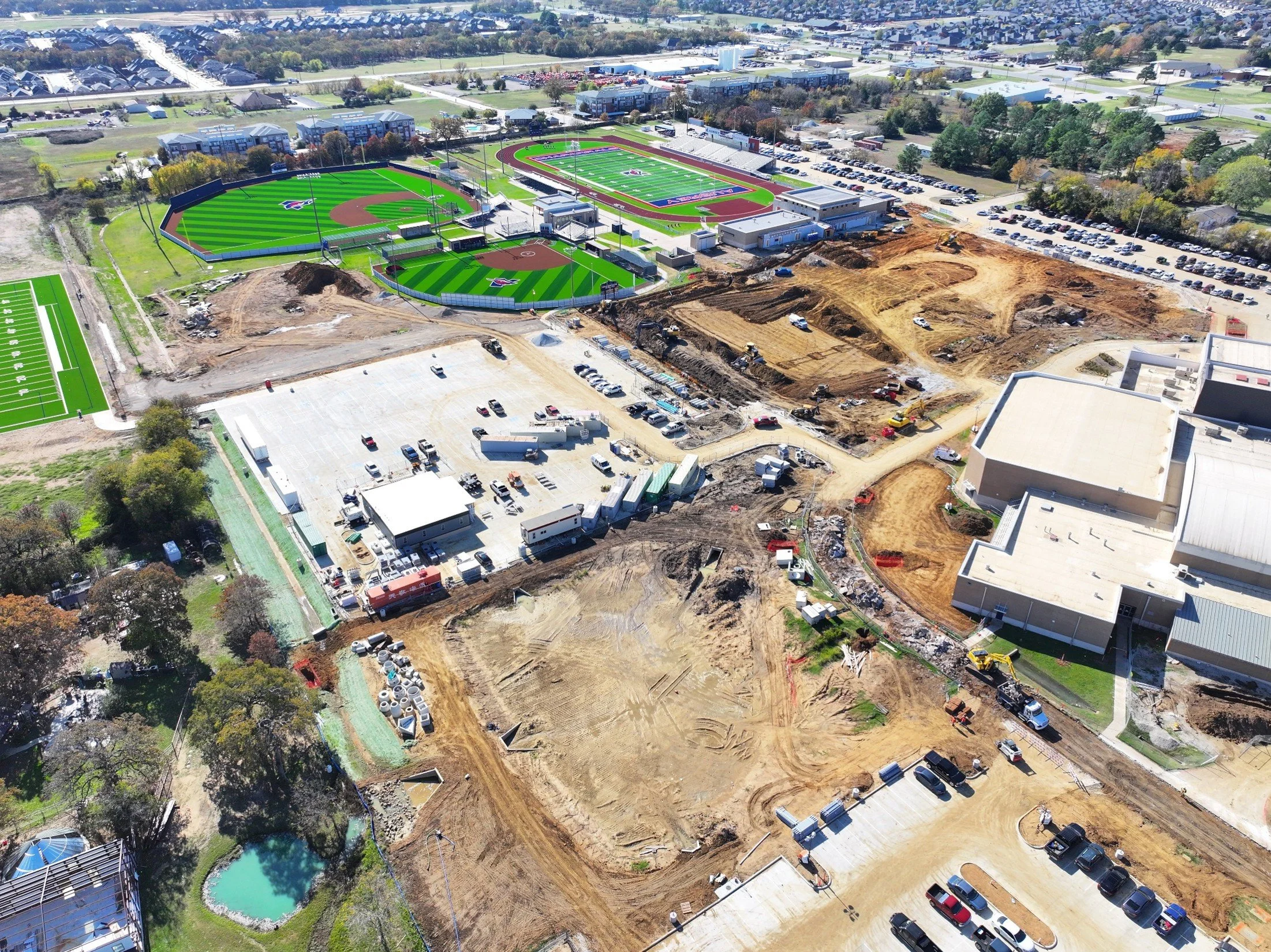 Structural framing underway for Aubrey High School field house expansion.