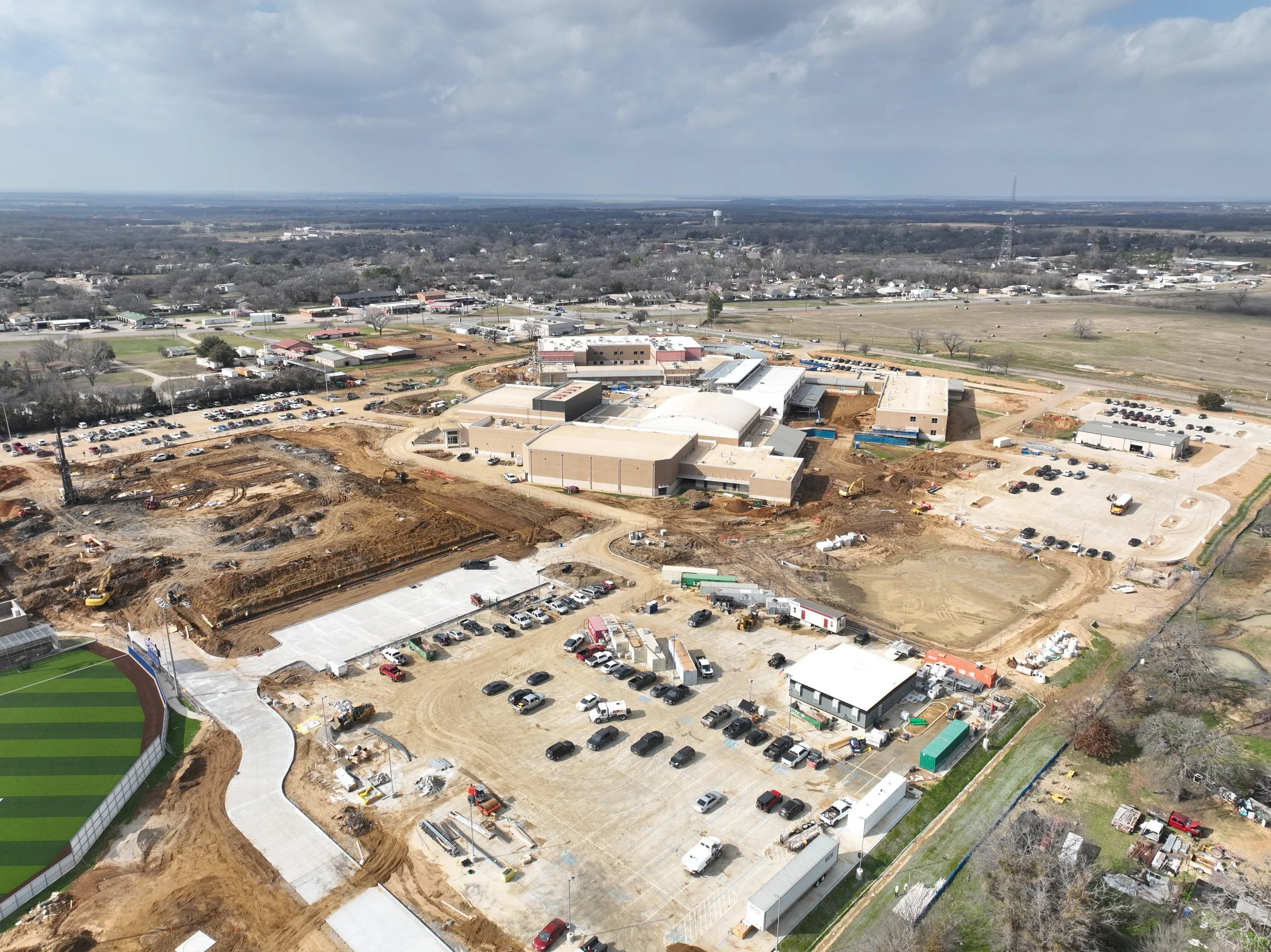Construction progress on new indoor practice facility at Aubrey High School.