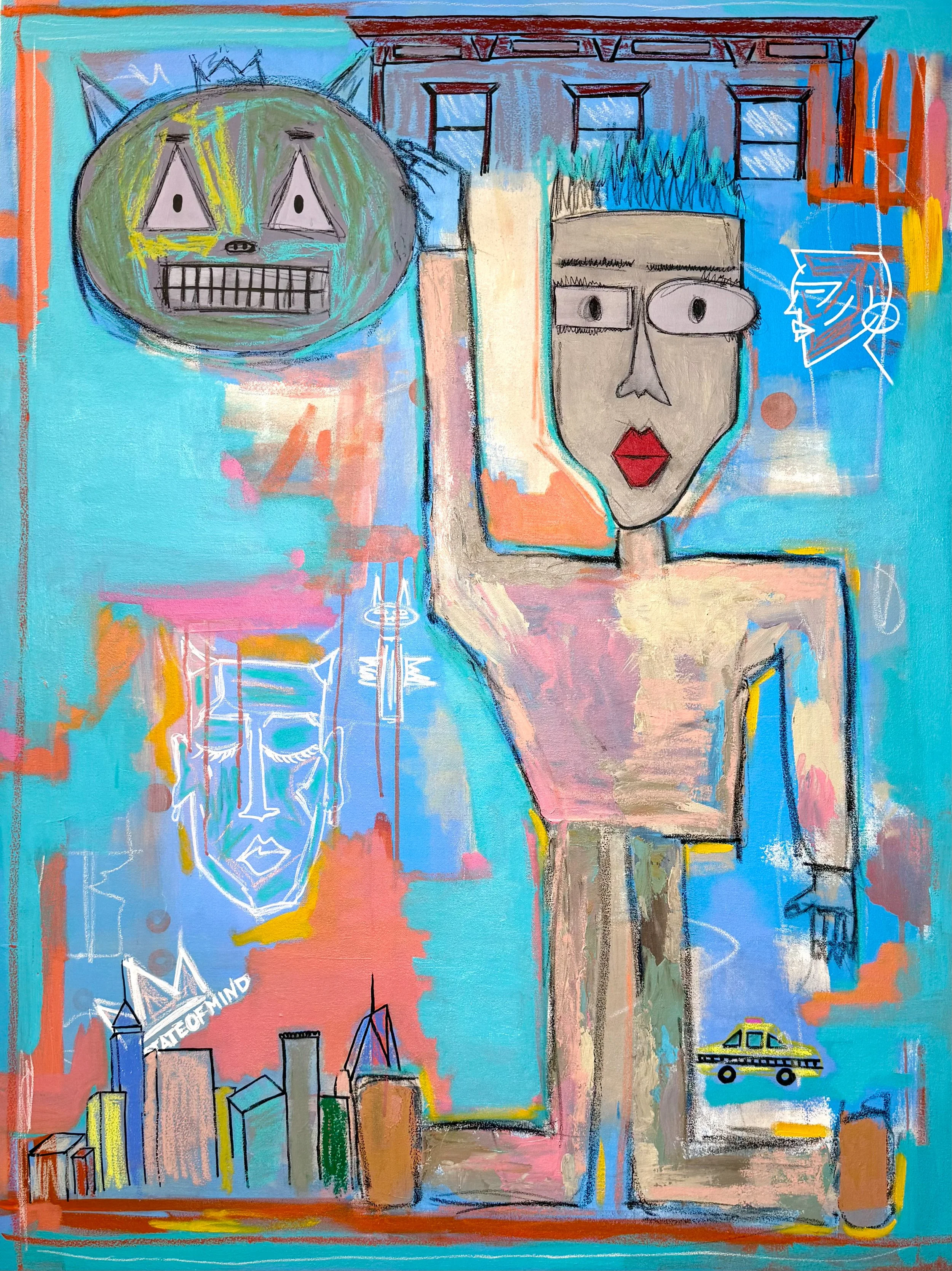 Abstract artwork featuring a large, stylized female figure with short hair, red lips, and one arm raised. Surrounding her are urban elements including a yellow taxi, city skyline, and various graffiti-style sketches of faces and text, all set against a vibrant turquoise background.
