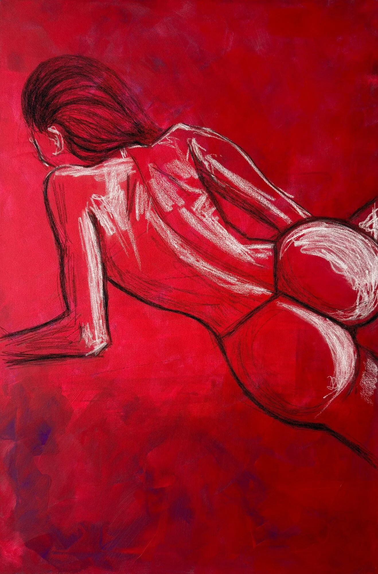 Artistic drawing of a woman, sitting with her knees bent and her head resting on her arm, with a red background. Contemporary painting. red painting.