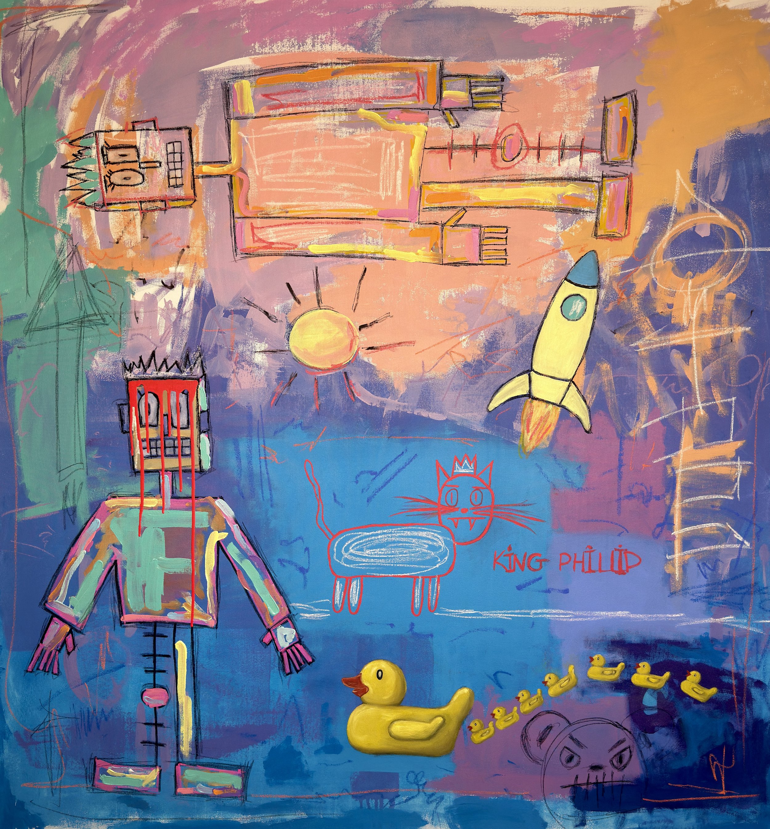 Robot With Phill Sunset by Veronika Fox, contemporary robot painting featuring a robot and cat companion in a warm sunset palette with layered expressive marks.