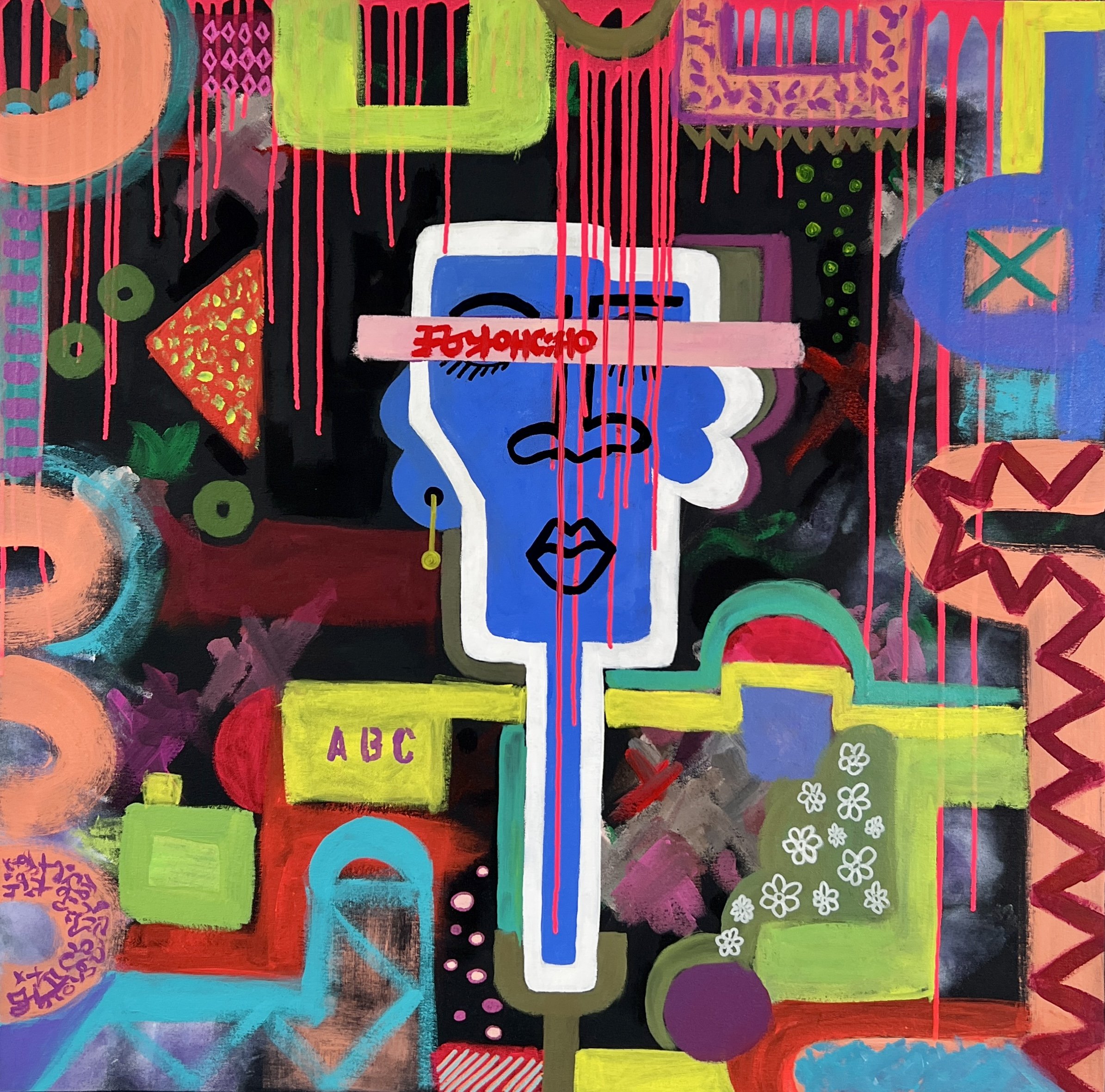 Colorful abstract graffiti-style artwork with various shapes, lines, and patterns. Central figure appears to be a stylized face with blue skin, closed eyes, and lips. Surrounding elements include geometric shapes, flowers, and text, with pink drips descending from the top.