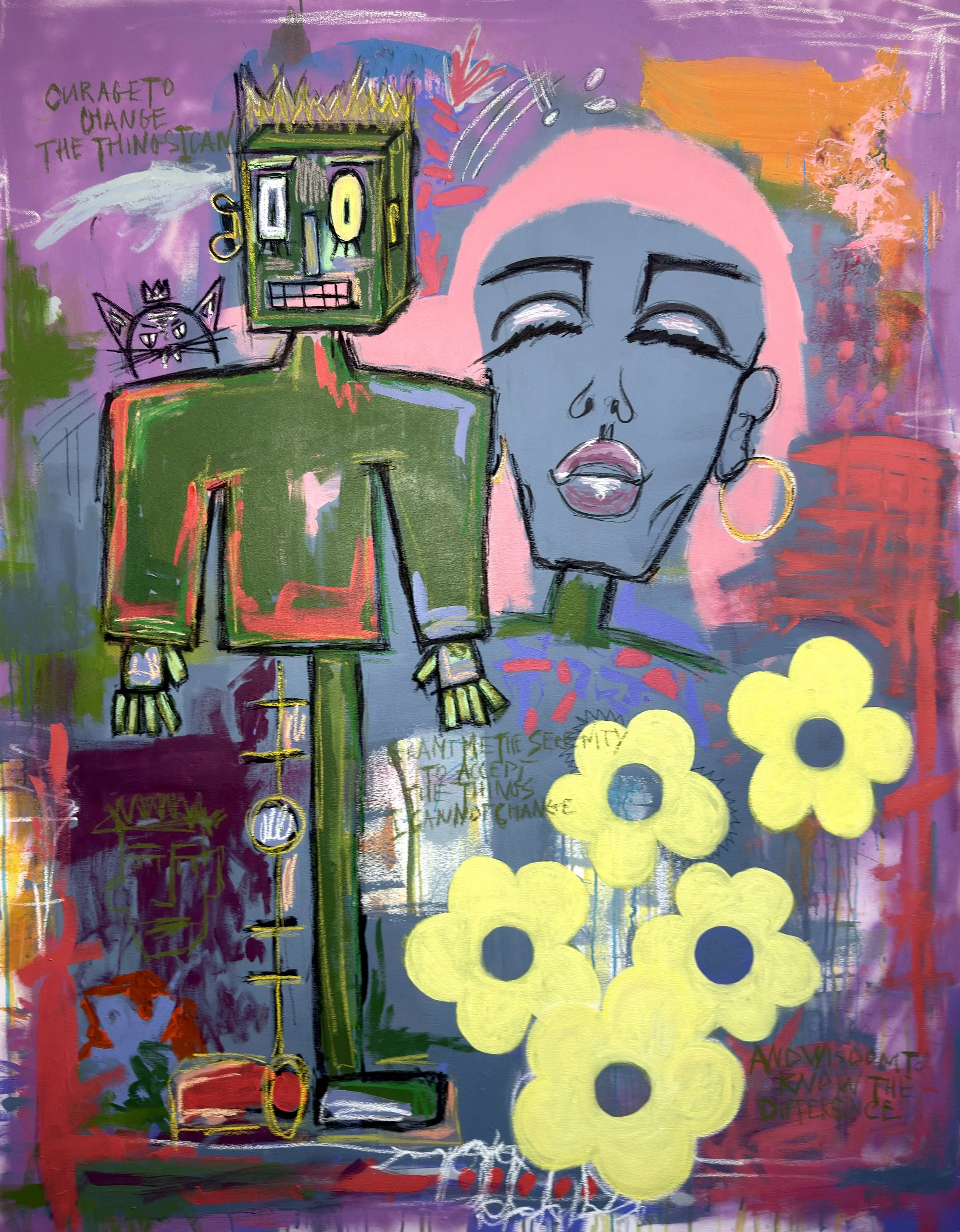 Klumba by Veronika Fox, contemporary figurative painting featuring a stylized female face, robot figure, vivid flowers, handwritten text and layered abstract marks.