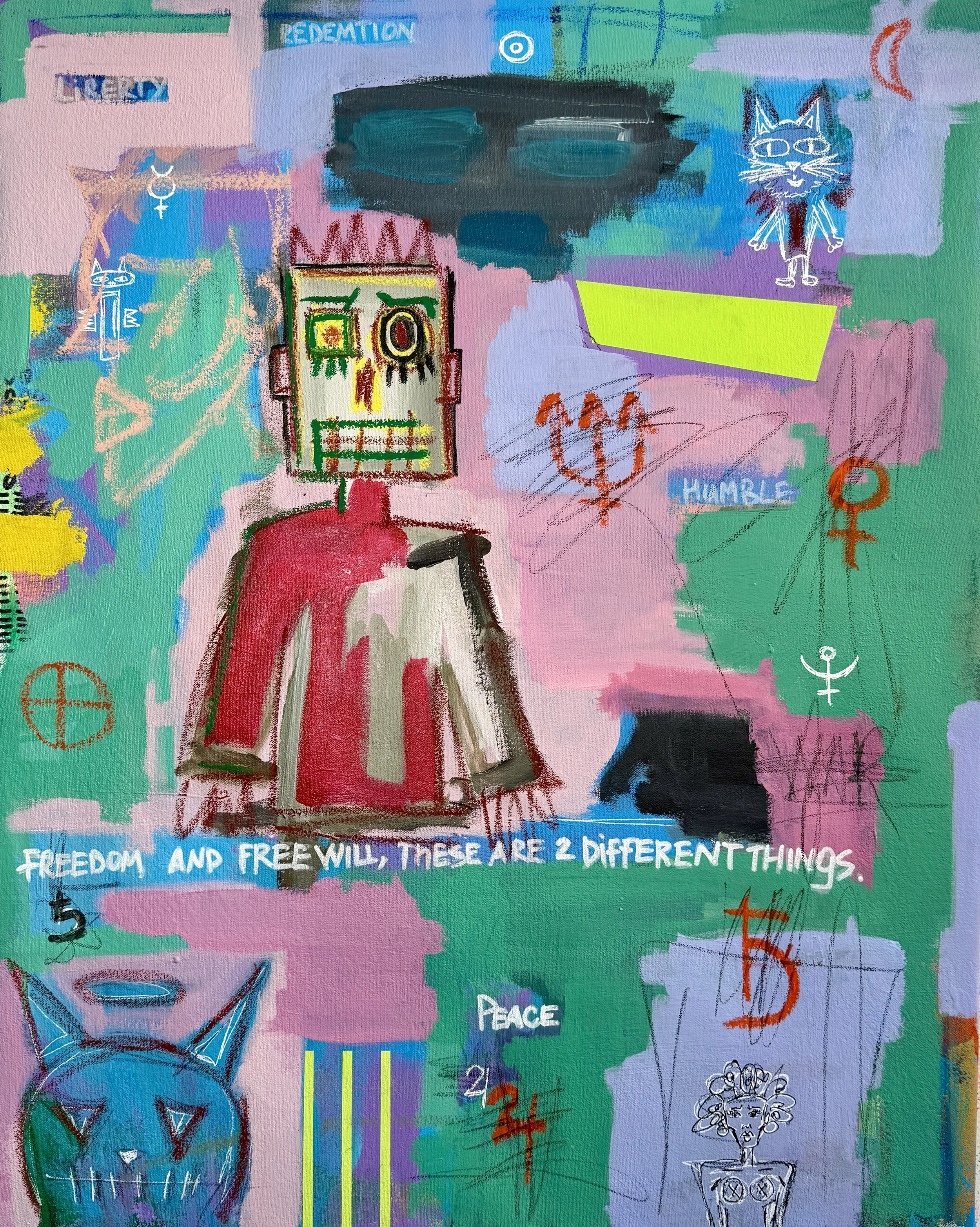 Colorful abstract graffiti art featuring various symbols, drawings, and phrases such as a cartoonish skeleton with a red shirt, a cat, peace symbols, and the words 'Freedom,' 'Peace,' and 'Humbleness.'