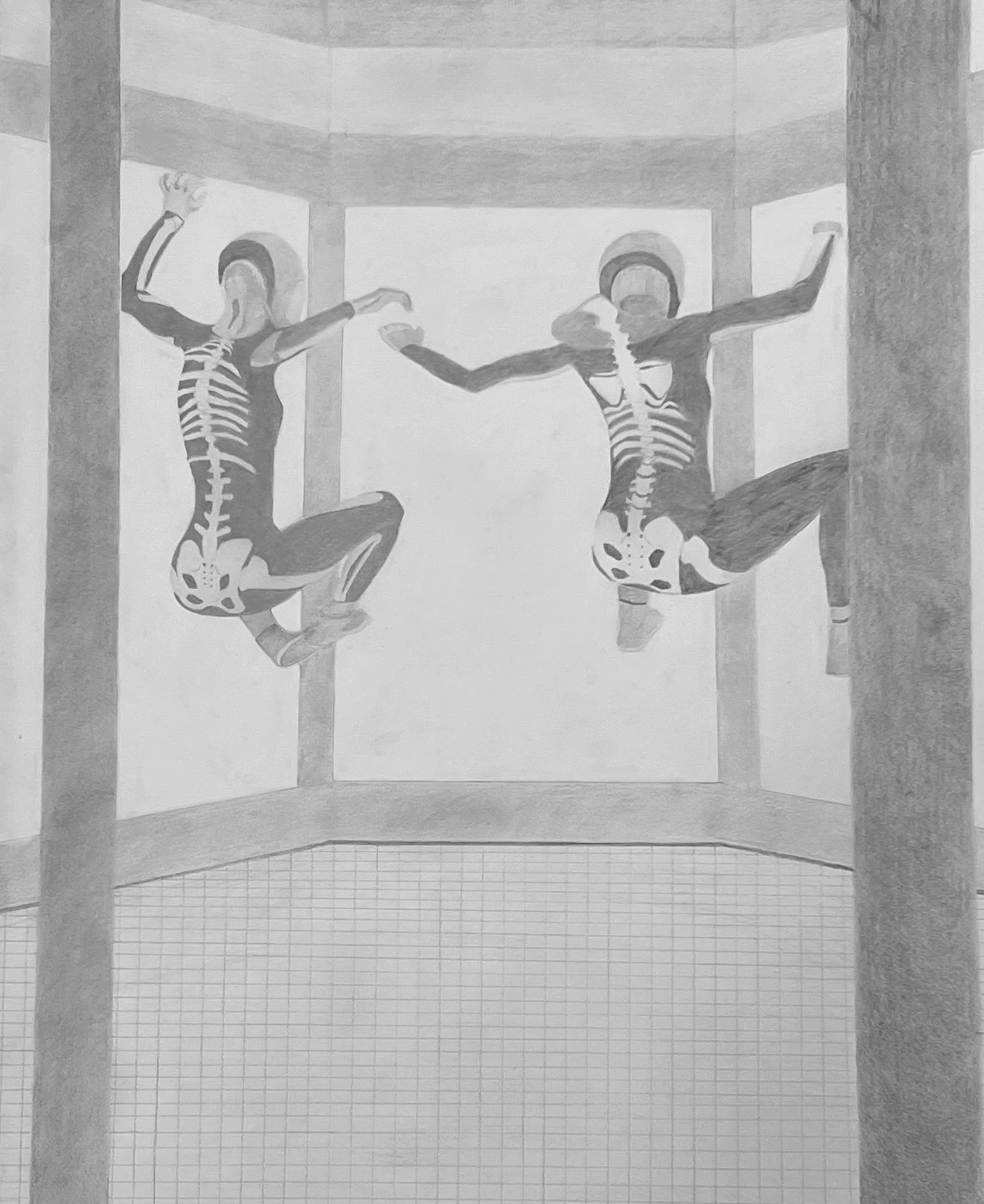 Indoor Skydiving Sisters, graphite on paper, 24” x 18”, 2023