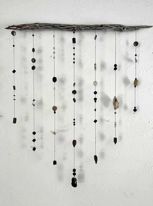 Fear Catcher, sticks, stones, beads, and bones, 20” x 22” x 1”, 2023
