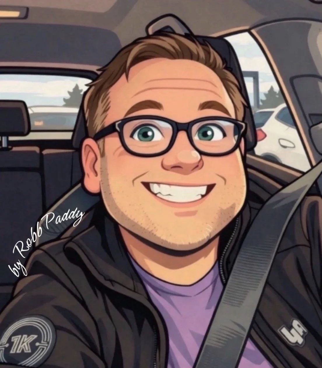 Cartoon avatar of a smiling man with glasses wearing a black jacket and purple shirt, seated in a car.