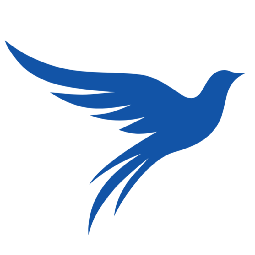 A stylized blue bird with outstretched wings flying to the right.