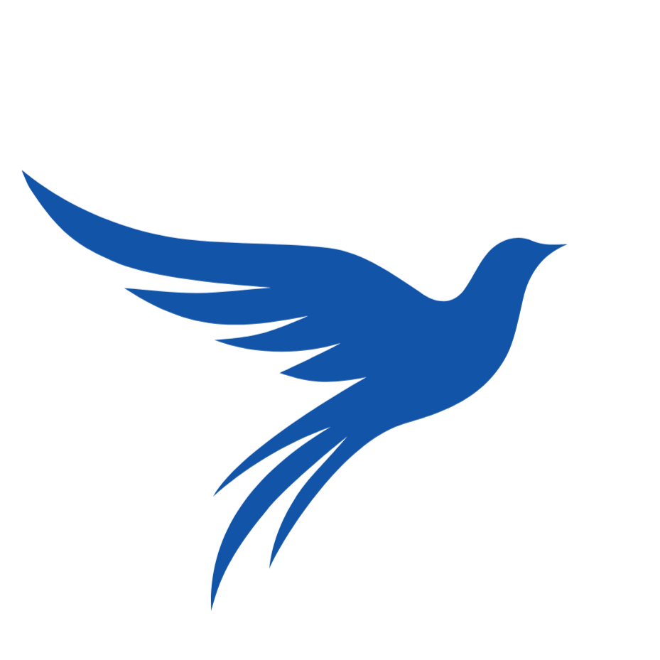 A stylized blue bird with outstretched wings flying to the right.