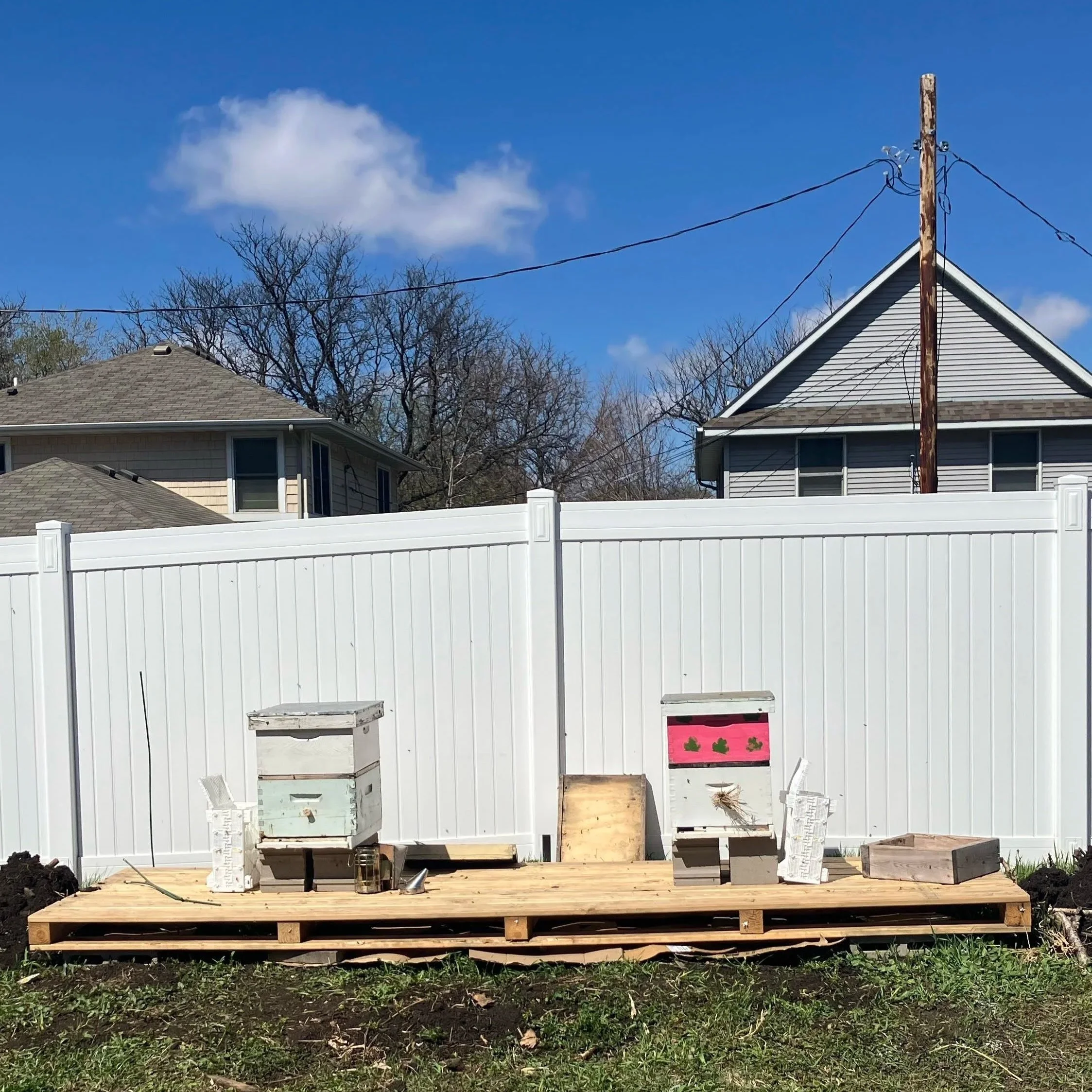 Backyard with chickens in rented hutches, a white fence, a wooden deck, and houses with gray roofs, during clear weather.