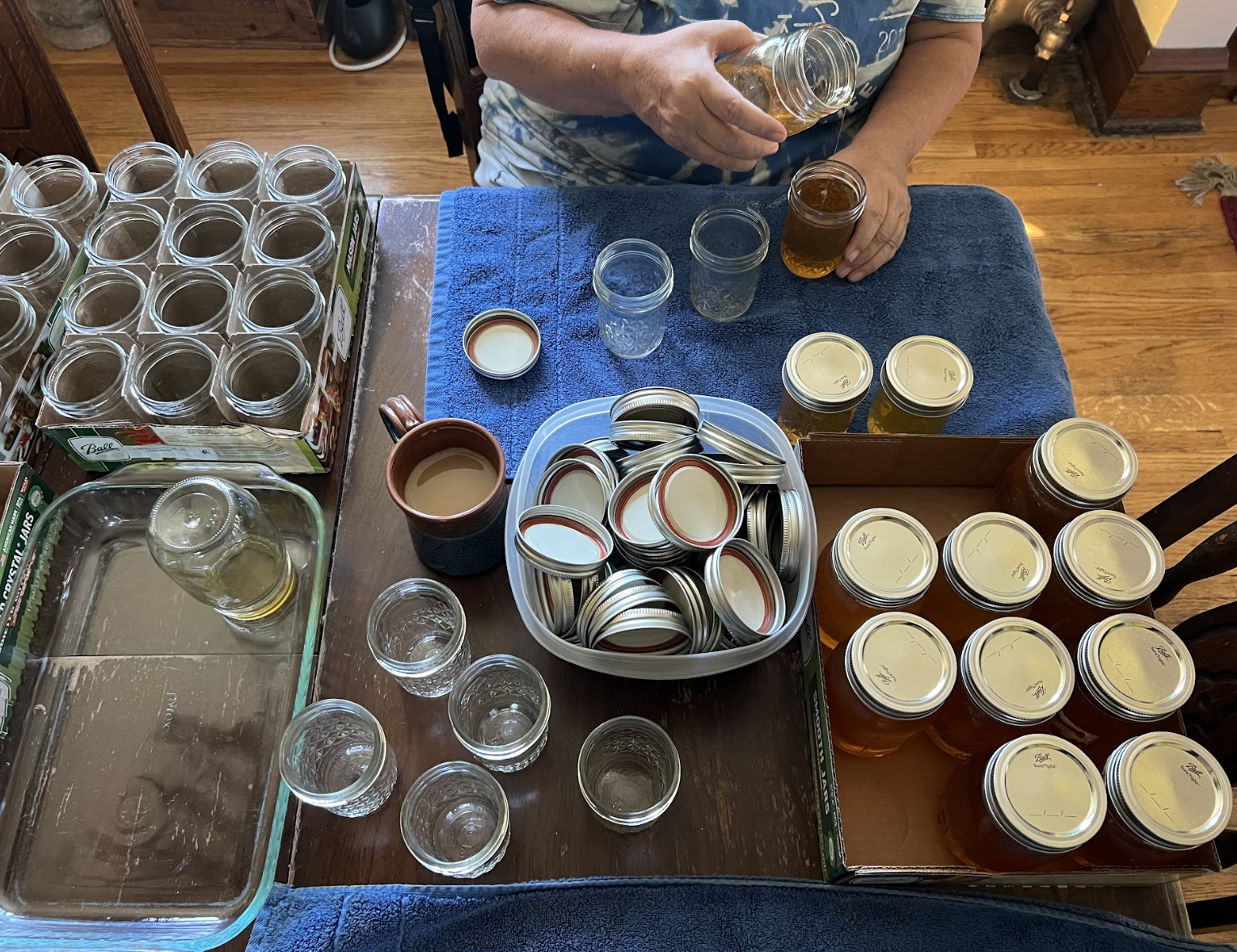 A person organizing jars and glasses on a table, preparing for a canning or storage process, with jars filled with a golden-brown liquid.