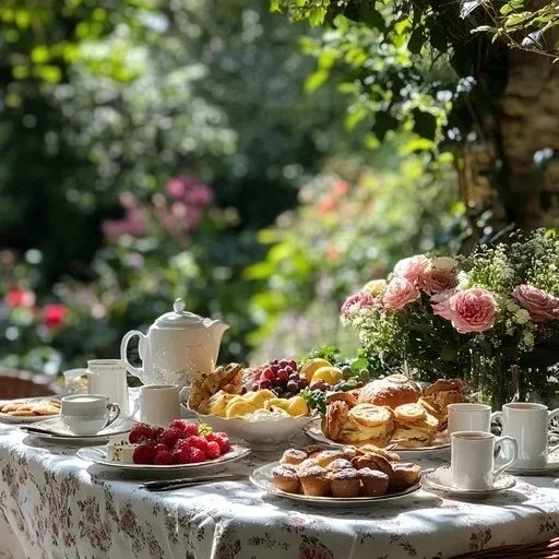 A table set with pastries, fruit, a teapot, cups, and a floral centerpiece outdoors in a garden.