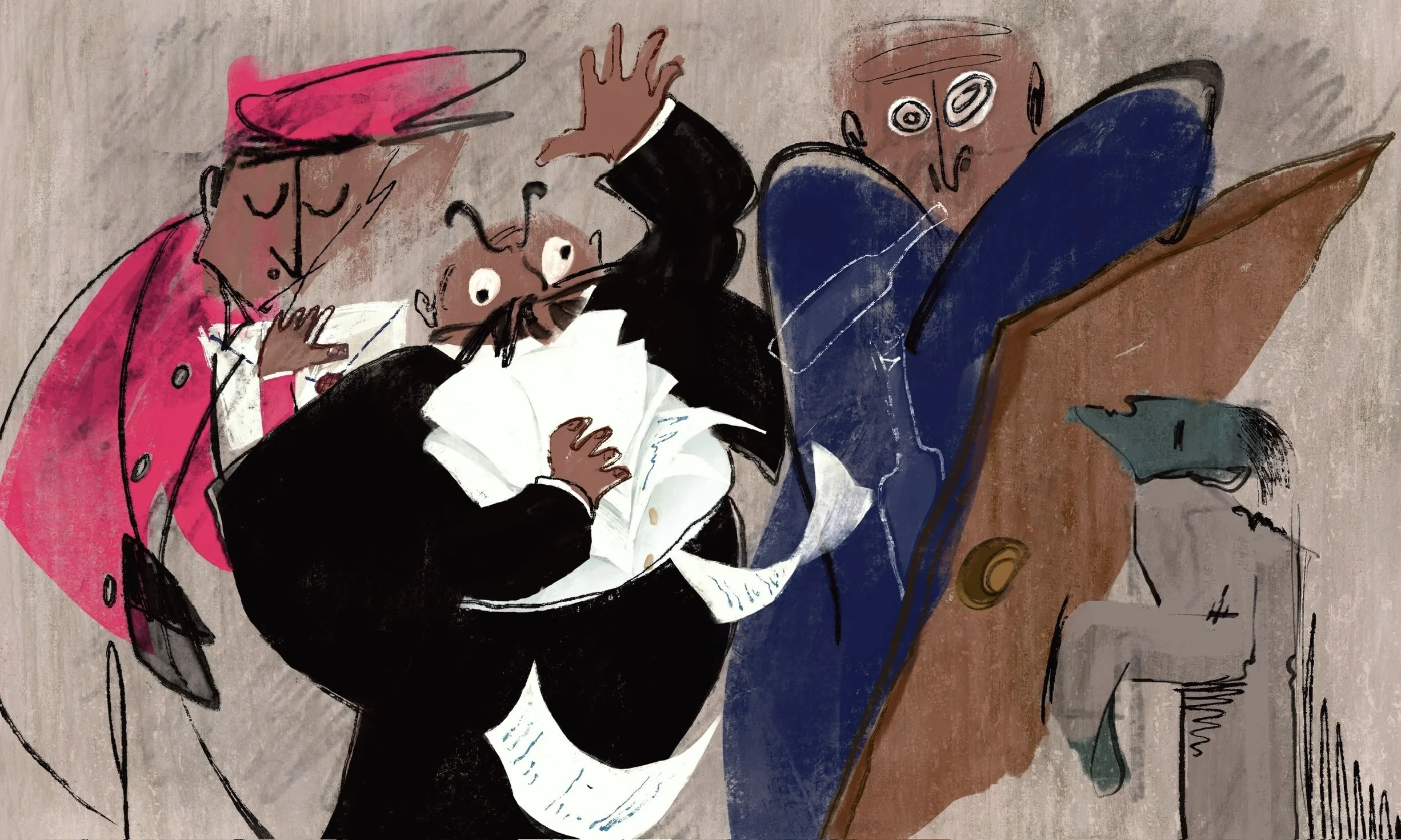 Cartoon illustration of a courtroom scene with three characters reacting dramatically to a person at the defendant's stand reading a document.
