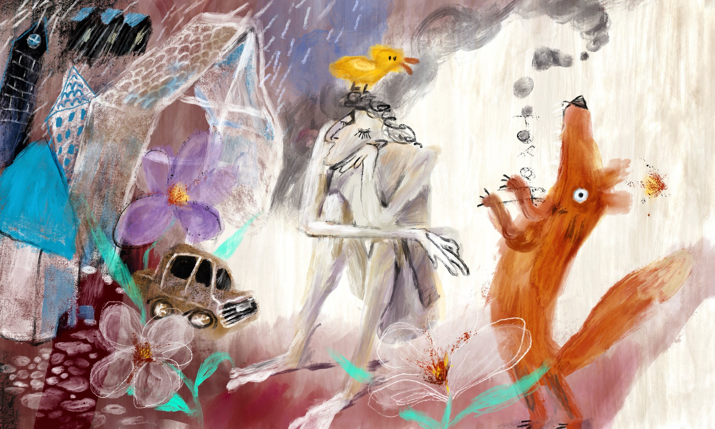 A whimsical, colorful painting featuring a deer with closed eyes, a small yellow bird perched on its head, and an exaggerated orange animal with a large eye and long nose. The background includes abstract shapes, a purple flower, a small brown toy-like car, and a house with a textured roof, rendered in a mixed-media style.
