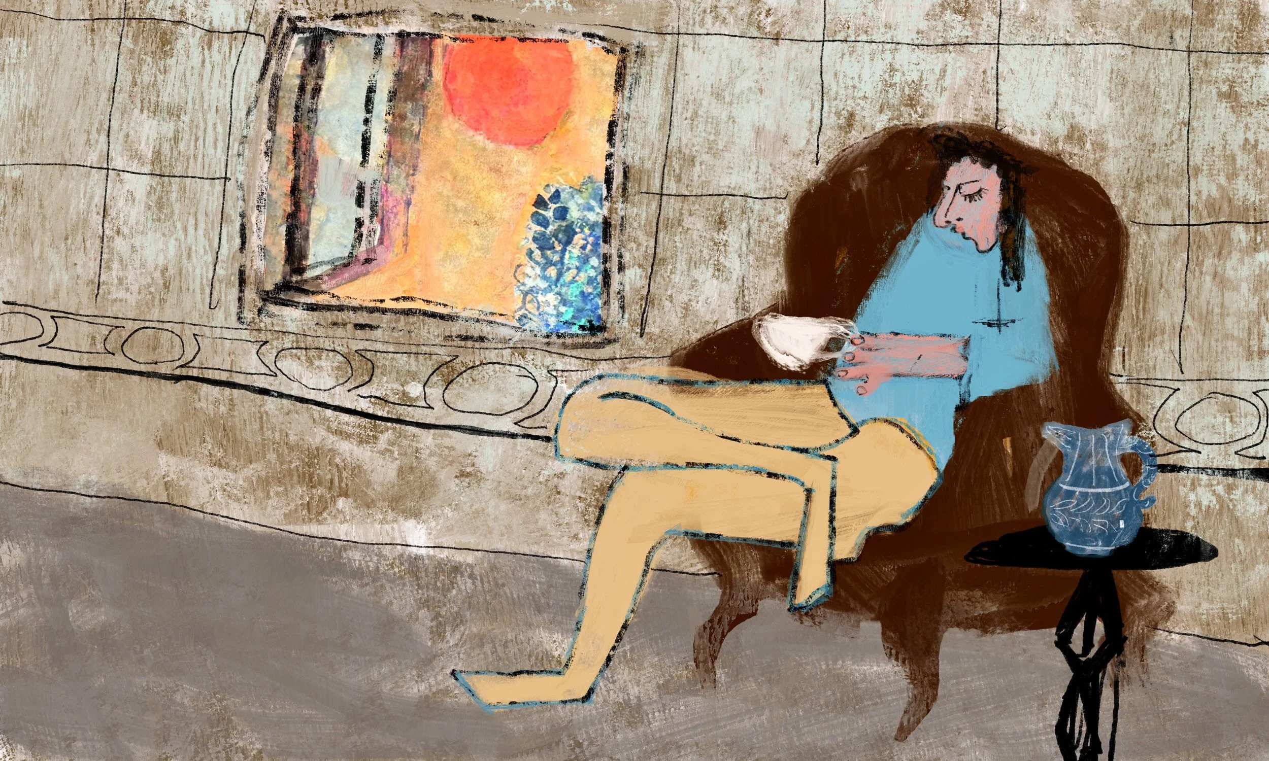 An abstract painting of a woman sitting on a chair by a small round table with a blue pitcher. The woman has long dark hair, is wearing a blue top and tan pants, and is holding a cup. There is a window in the background showing a sunset or sunrise with warm colors and a plant outside.