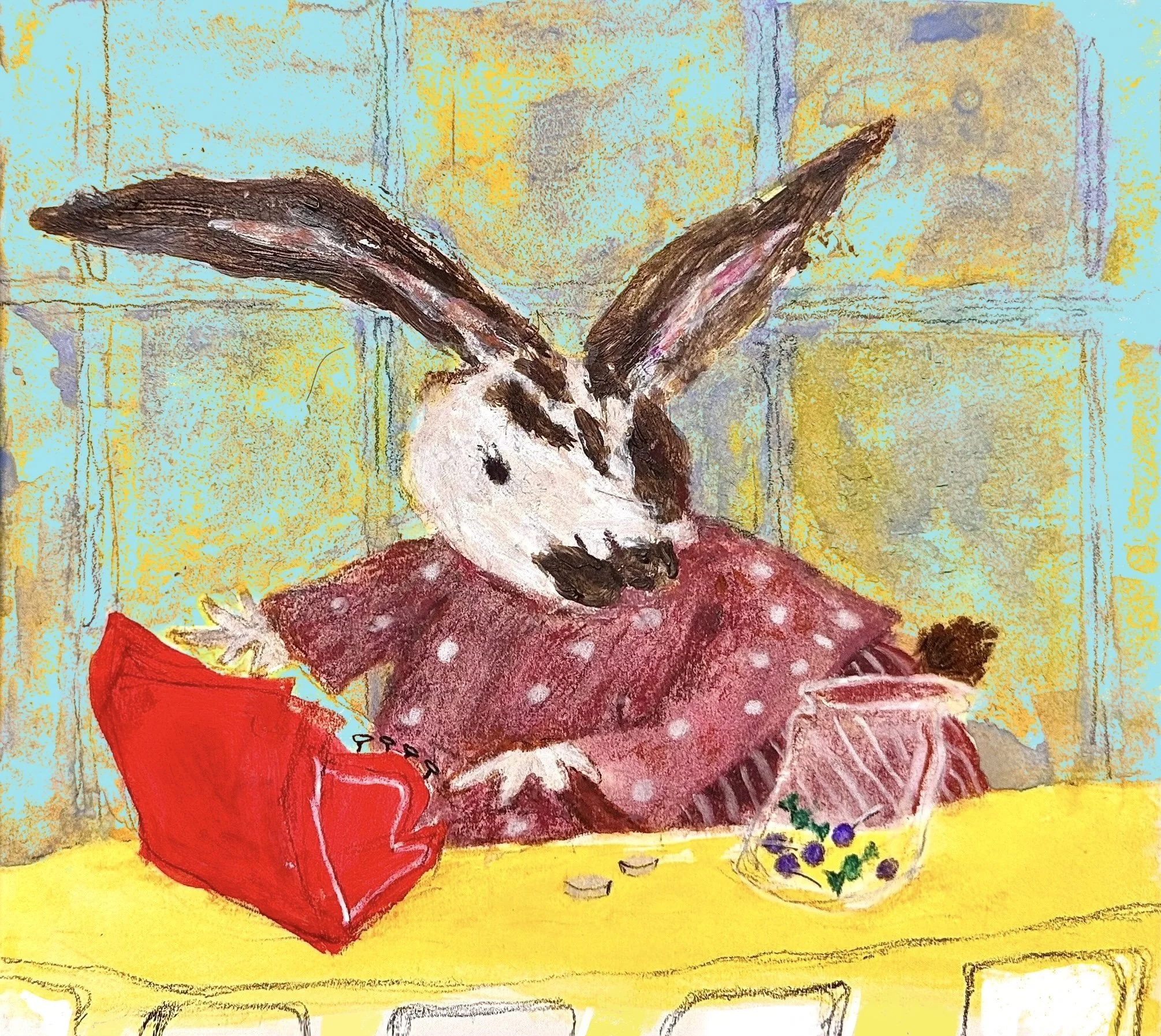 A painting of a small bird with black and white markings, standing on a pink polka-dotted cloth, with a red bag and a bowl of berries on a yellow surface, against a background of blue and yellow textured walls.