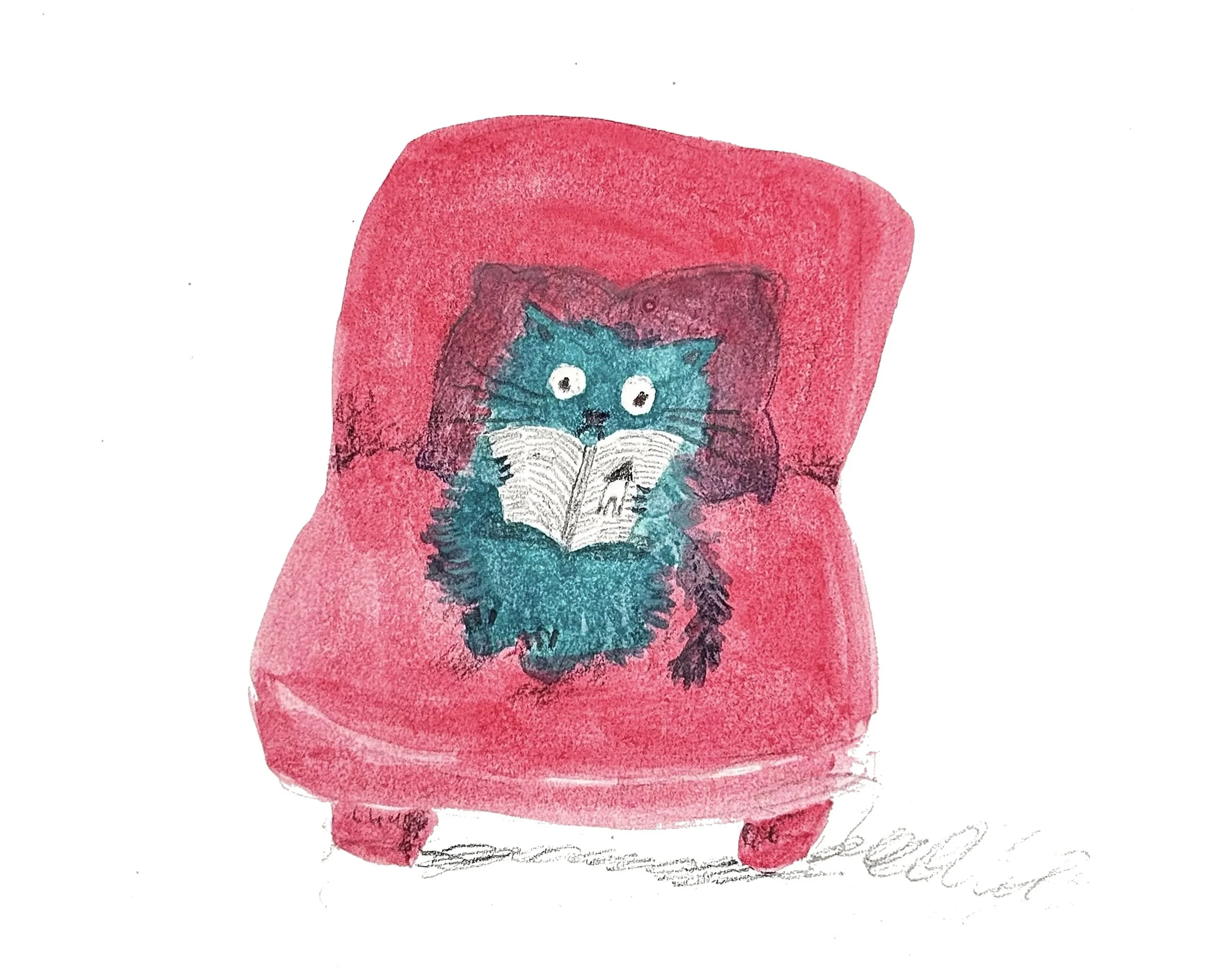 Watercolor illustration of a teal fluffy cat with big eyes, sitting on a pink armchair and reading a book.