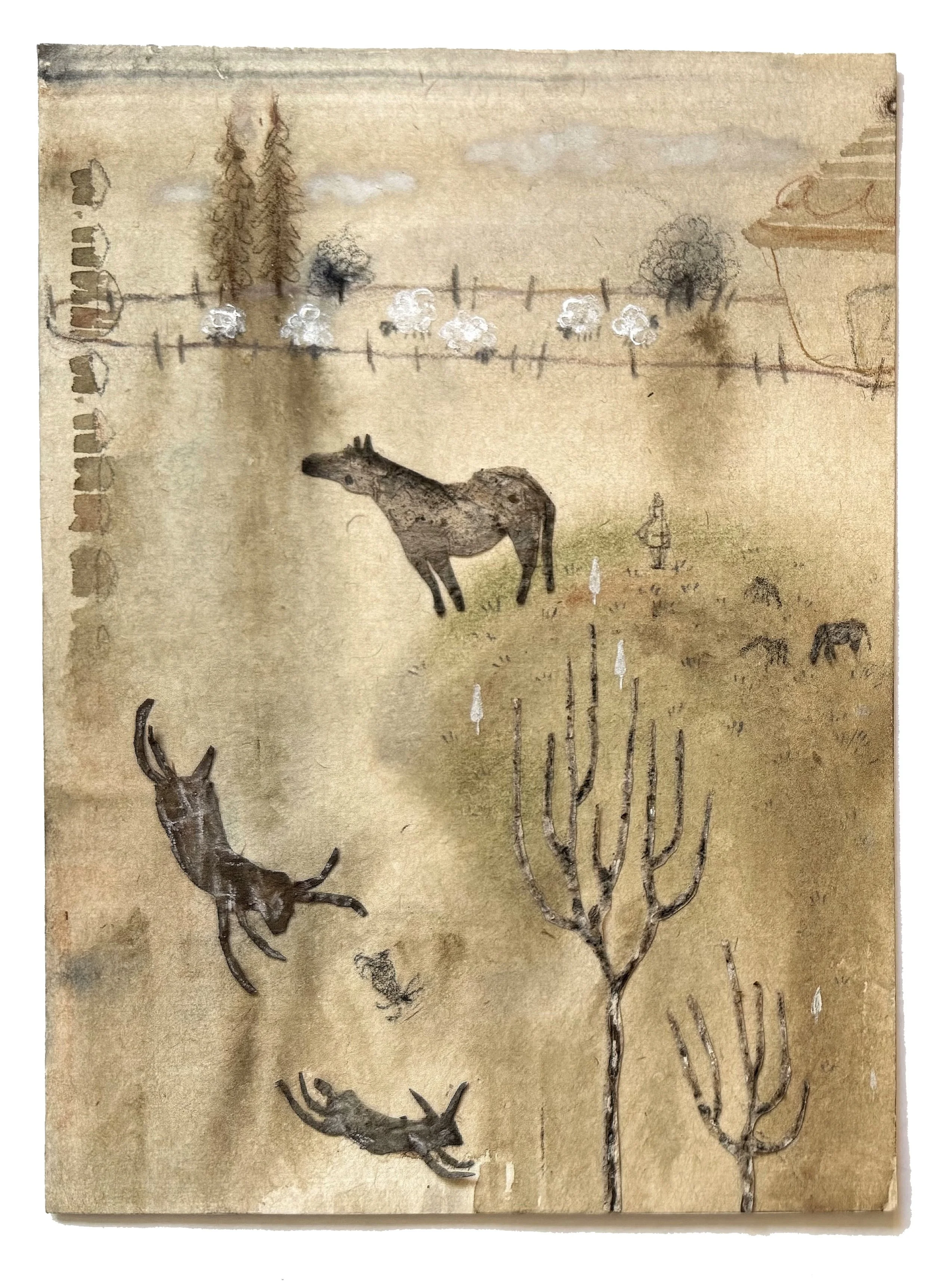A watercolor painting of a rural scene with a donkey, two deer, a person, trees, a fence, and a house in the background.