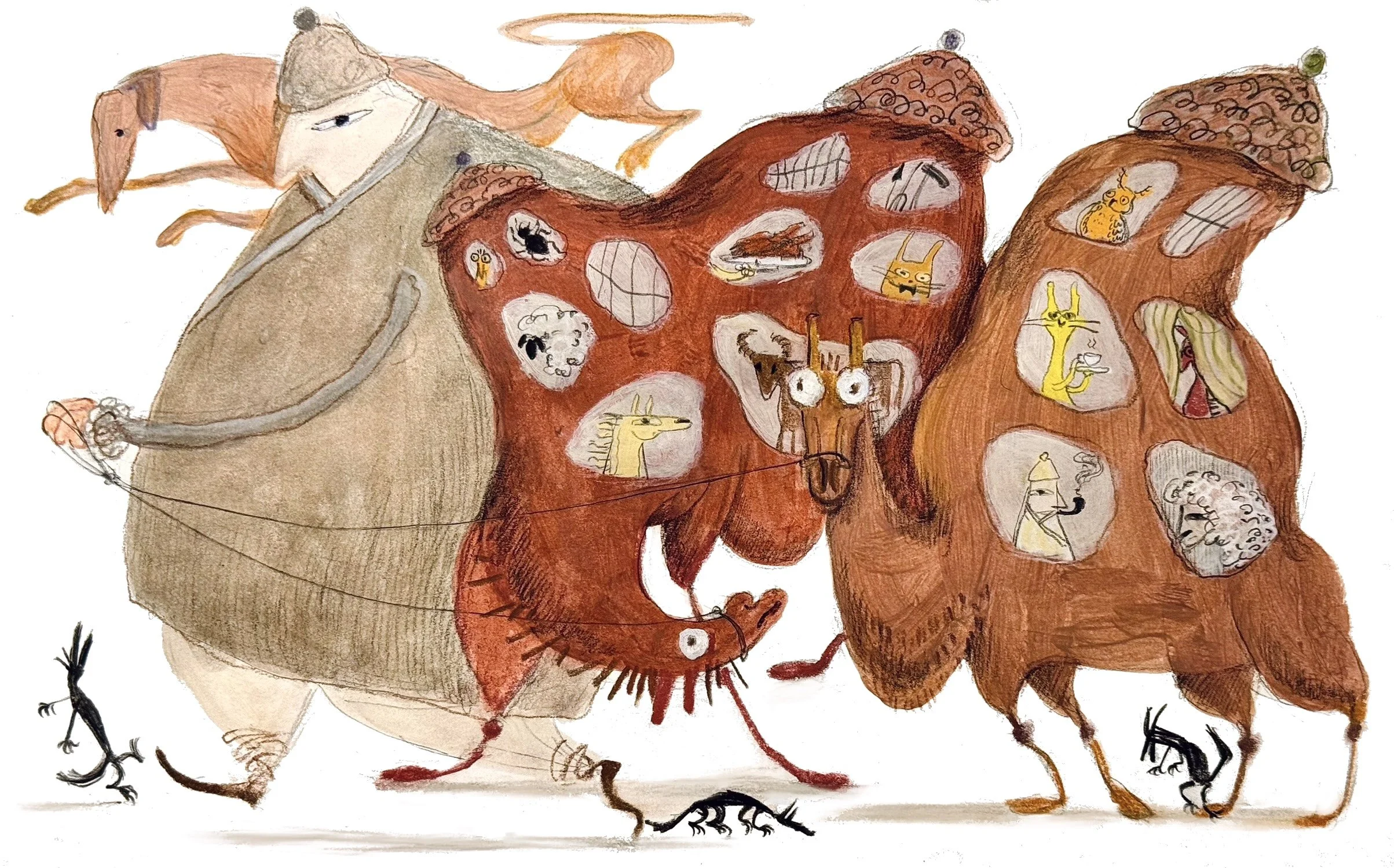 A whimsical illustration of a person with long orange hair walking a large, two-headed dog with many small holes showing various animal scenes and faces inside. The scene includes a small black lizard and a small black animal on the ground.
