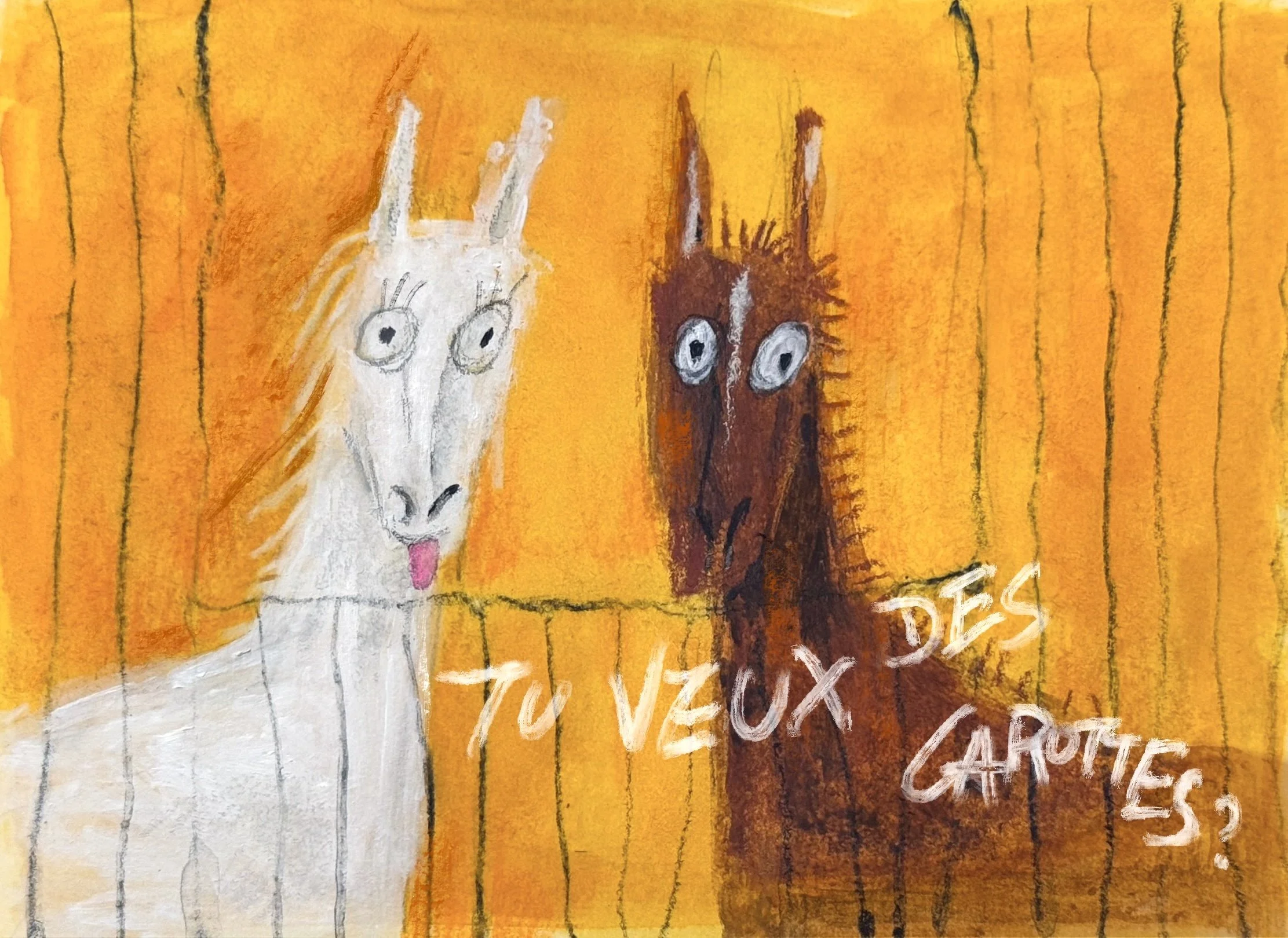 A colorful drawing featuring two cartoon-style llamas, one white and one brown, with large eyes and goofy expressions, outlined by a yellow background with vertical black lines. Text in French says, 'Tu veux des carottes?'