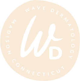 Logo with the words 'Wave Dermatology, Madison, Connecticut' surrounding a stylized 'W' and 'D' in the center.