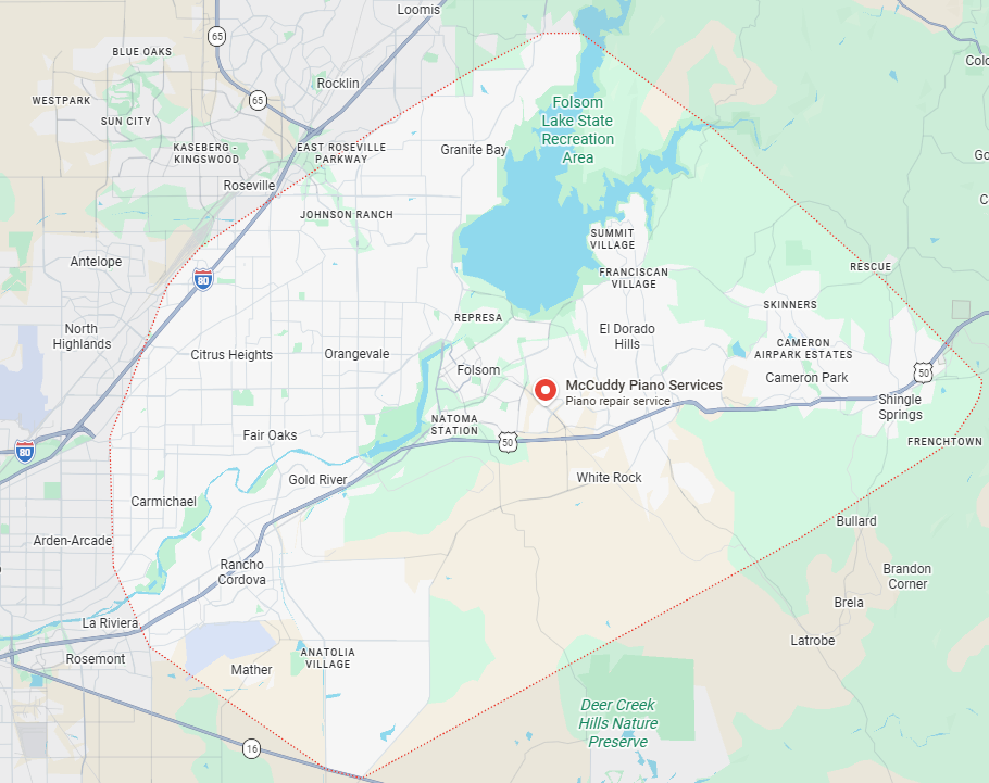 Map showing the location of McCuddy Piano Services in Folsom near Lake Folsom, with nearby neighborhoods, parks, and roads.
