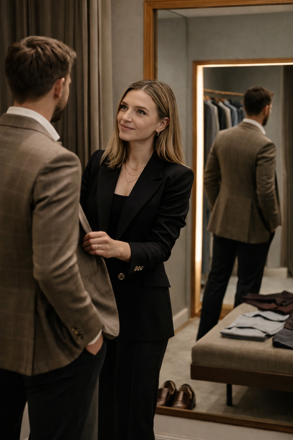 A woman dressed in a black blazer engaging in conversation with a man in a tan plaid blazer inside a clothing store fitting room.