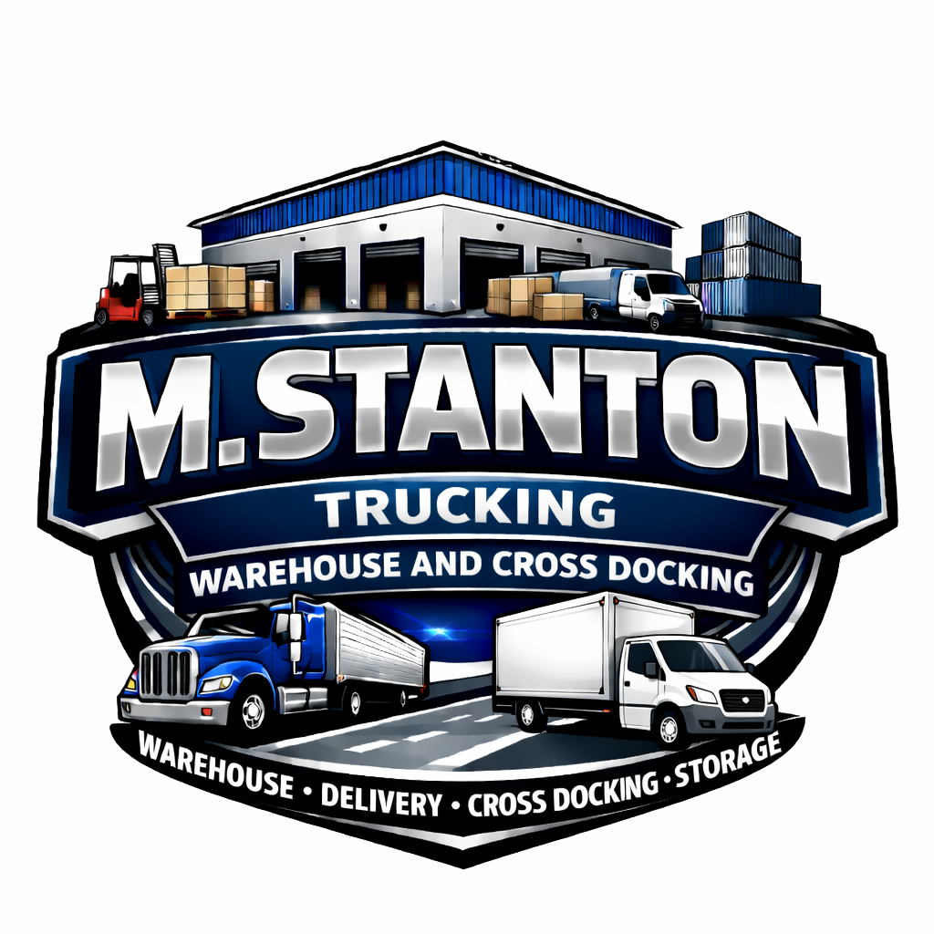 Logo for M. Stanton Trucking featuring a warehouse, trucks, boxes, and a cross docking dock, with the business services listed as warehouse, delivery, cross docking, and storage.
