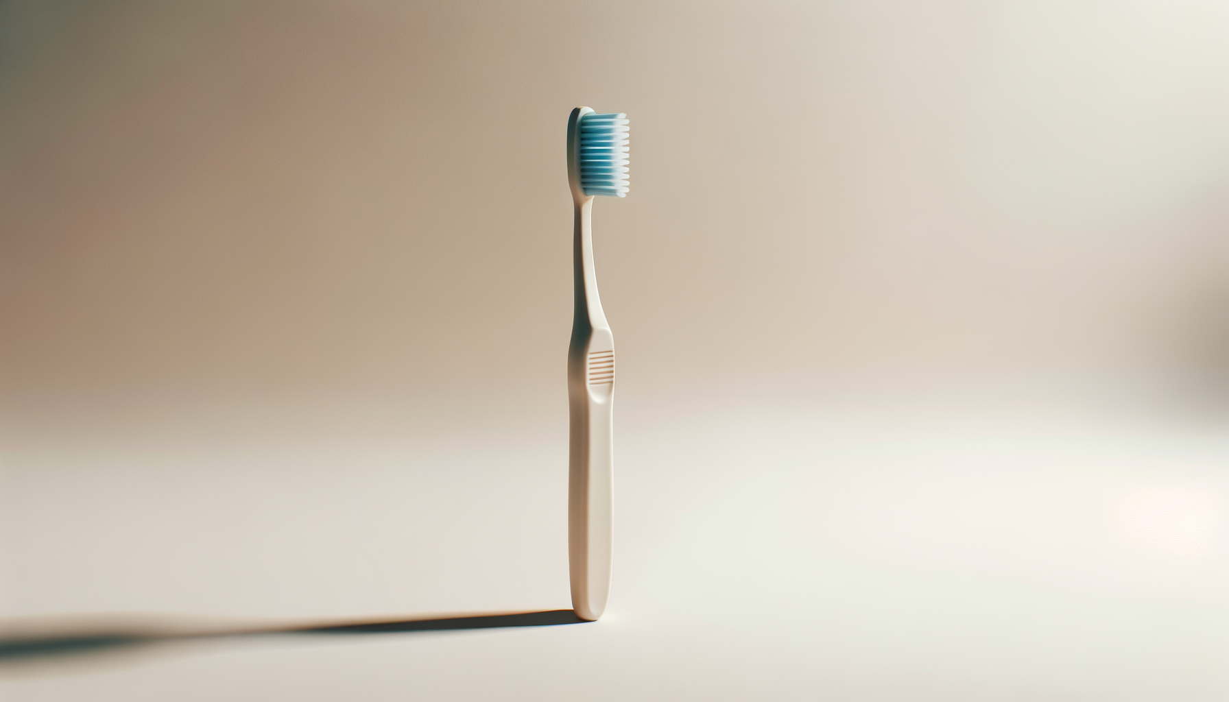 Single toothbrush with blue and white bristles standing upright on a plain surface with a neutral background.