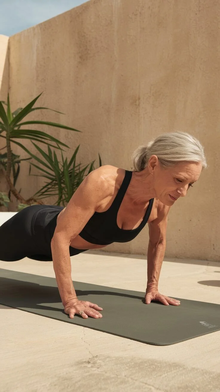 An elderly woman performing a yoga push-up outdoors on a yoga mat with desert plants and a wall in the background.