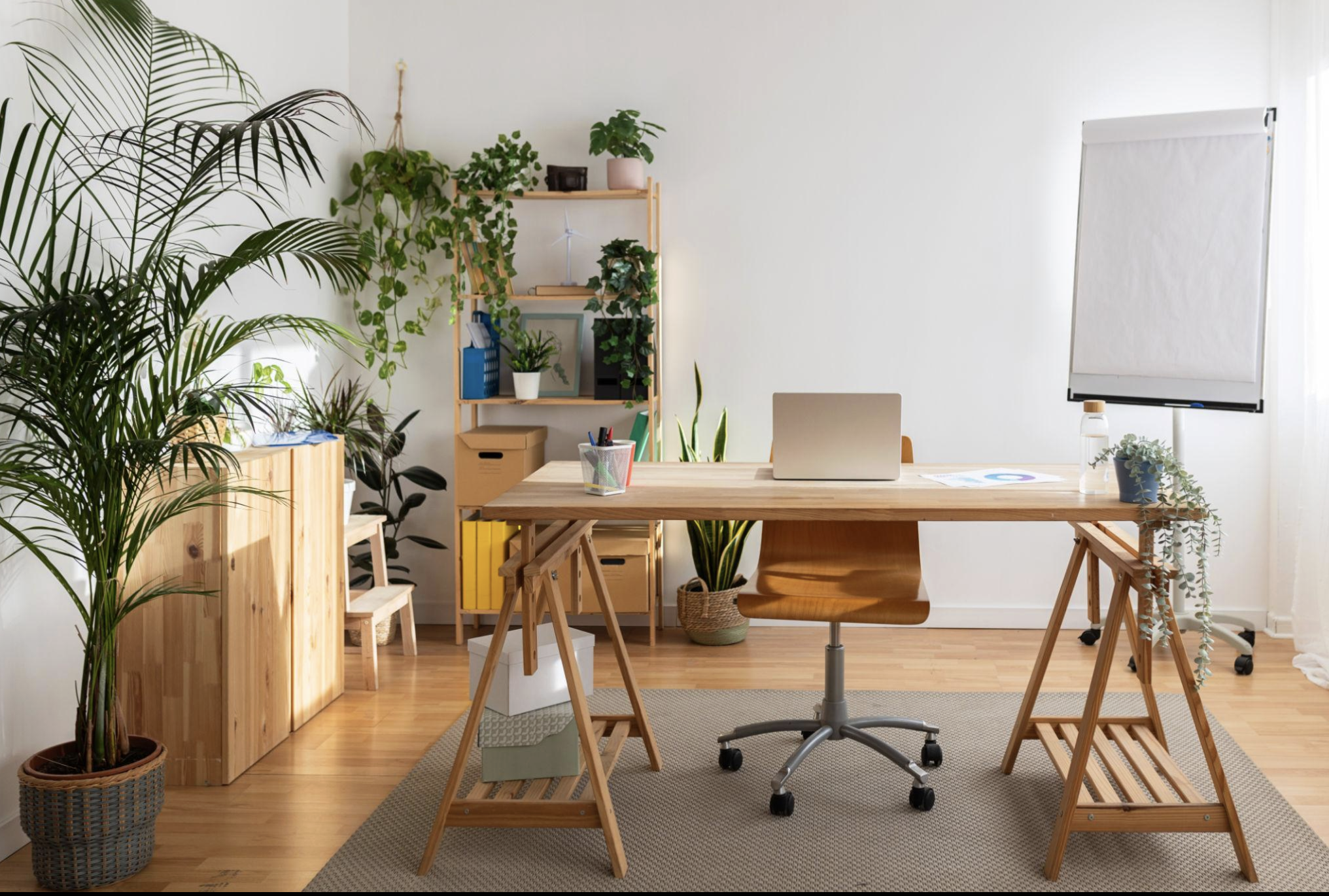 Een kantoorruimte met een houten tafel, kantoorstoel, veel groene planten, een witte muur, een whiteboard, en natuurlijke lichtinval.