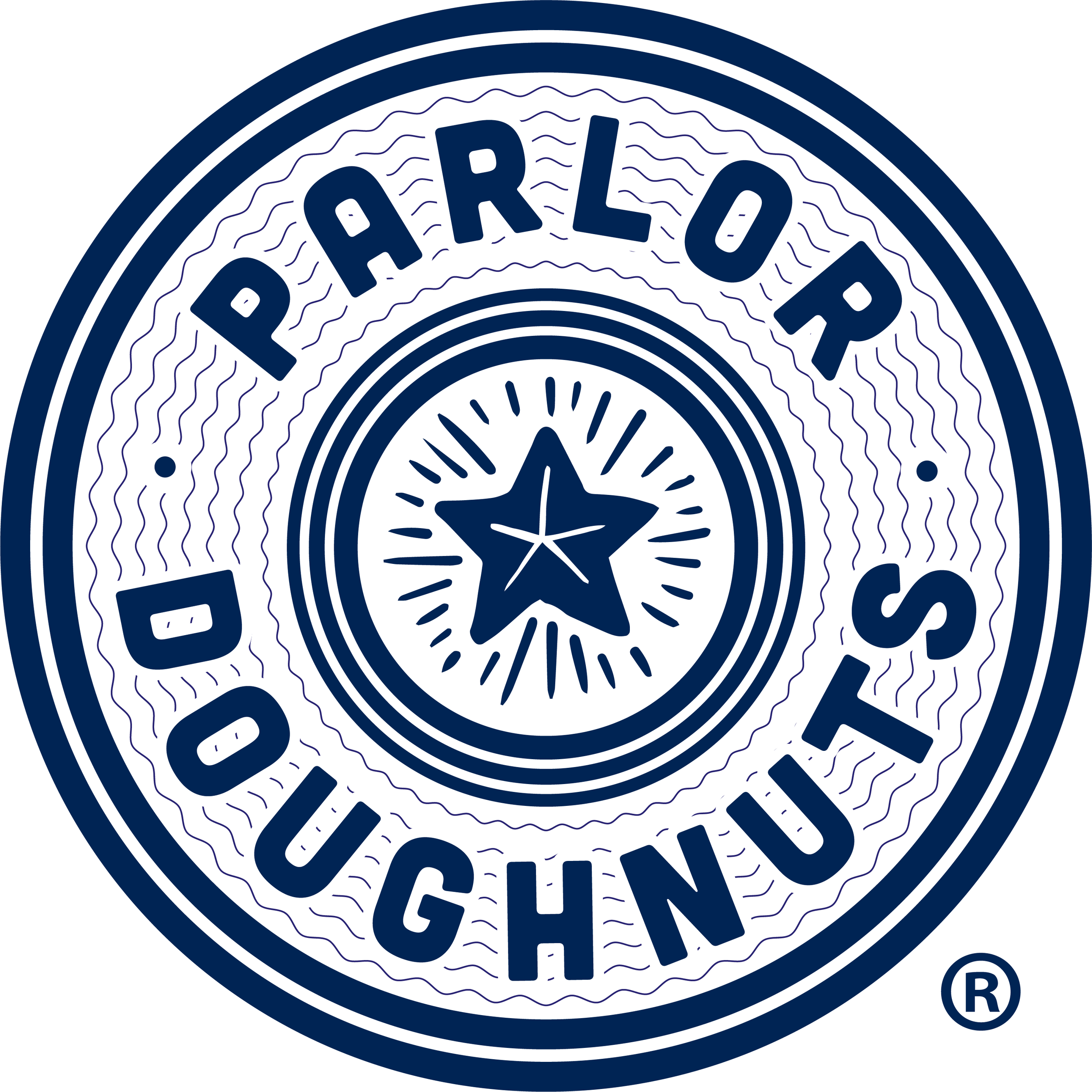 Close-up of a circular logo with text 'ARLO' and various decorative lines and shapes in a navy blue color.