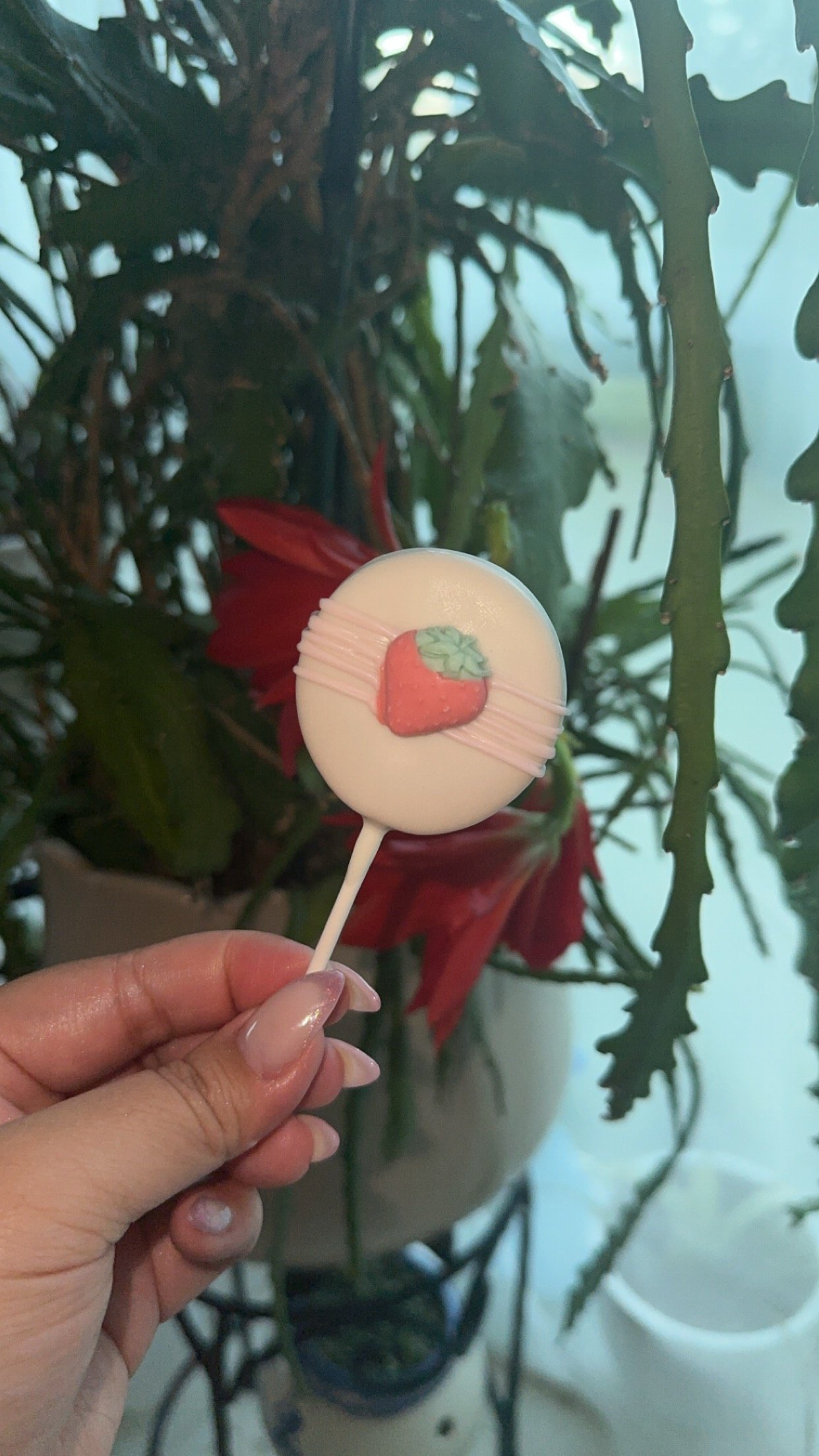 A white lollipop with a strawberry design on it, held by a person's hand, with a plant with green and red leaves in the background.