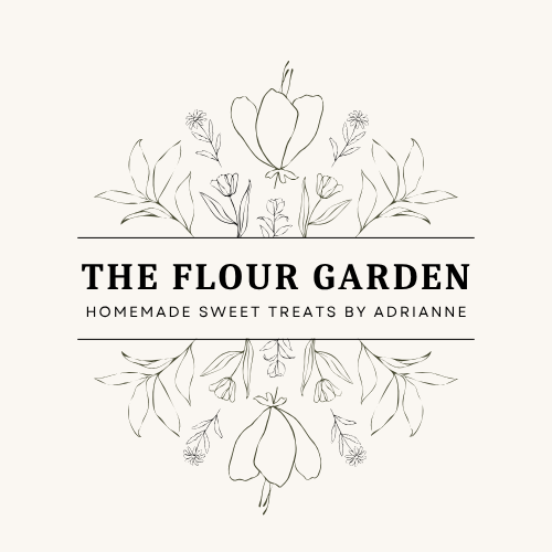 A logo for The Flour Garden featuring hand-drawn flowers and a butterfly, with the tagline "Homemade Sweet Treats by Adrianne."