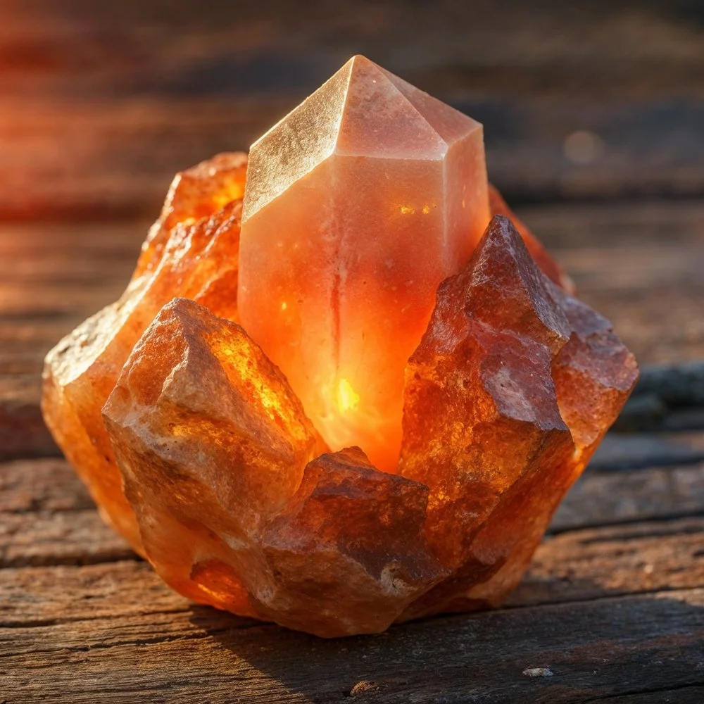 A sunstone crystal, emitting a warm orange glow, placed on a wooden surface.