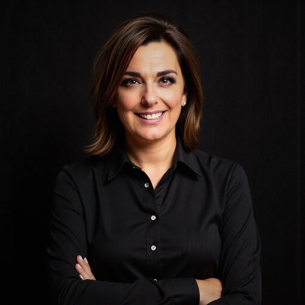Maryellen Ciccio, wearing a black button-up shirt, smiling with arms crossed in front of a dark background.