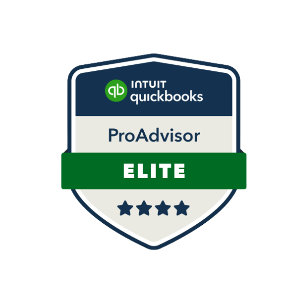 QuickBooks ProAdvisor Elite badge featuring the QuickBooks logo, with a green banner that says ELITE and four stars below it.