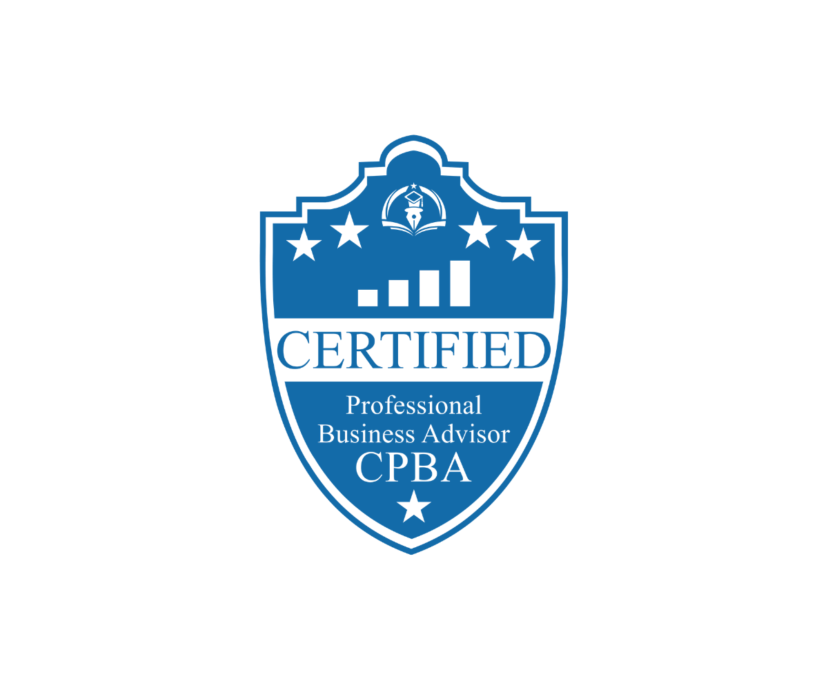 Blue shield emblem with stars and a bar graph, stating 'CERTIFIED' for Professional Business Advisor CPBA.
